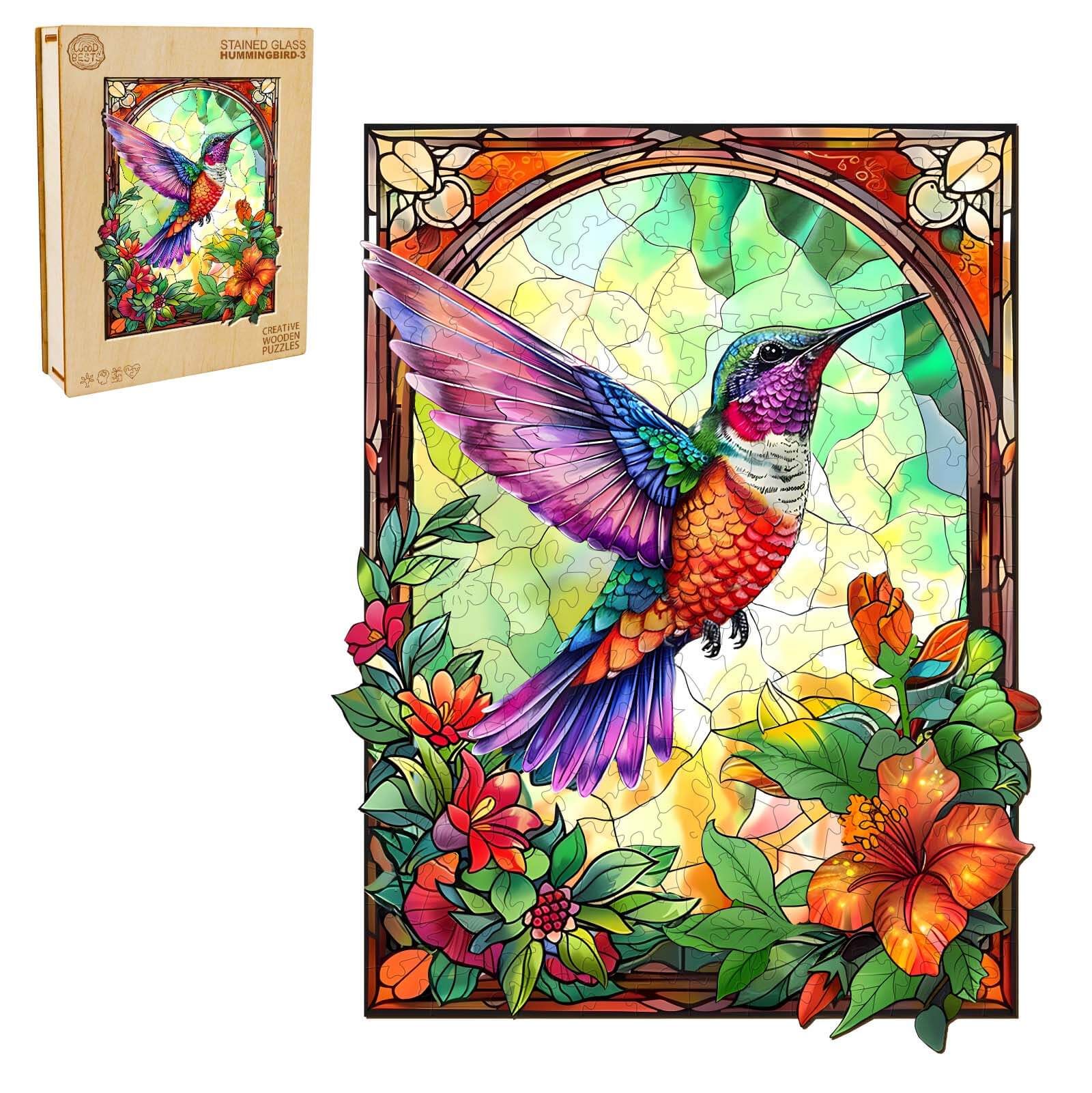 Stained Glass Hummingbird-3 wooden jigsaw puzzle featuring a colorful hummingbird and flowers, perfect for mind games and focus.