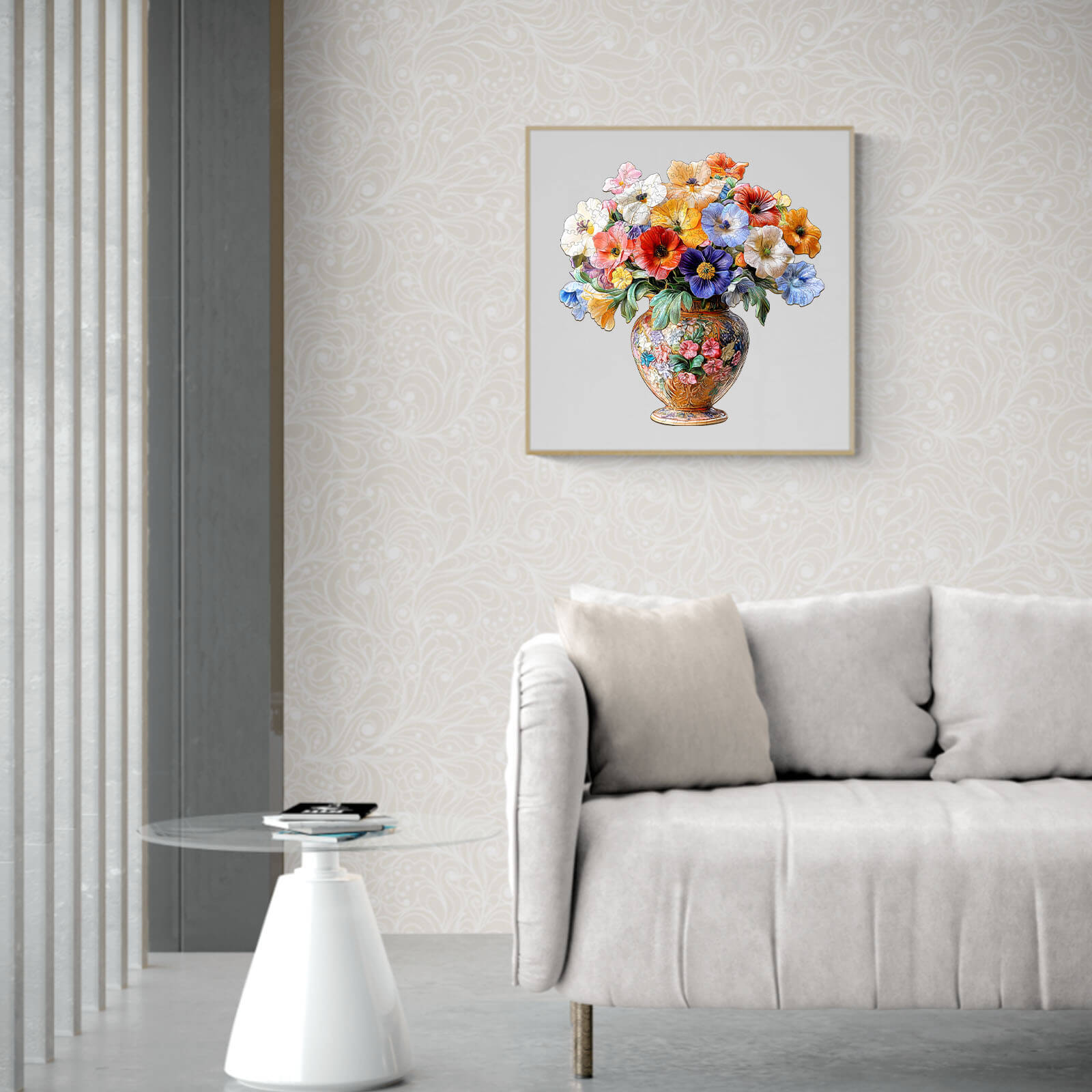 3D Vintage flower jigsaw puzzle displayed in a cozy living room with a flower vase painting on the wall.