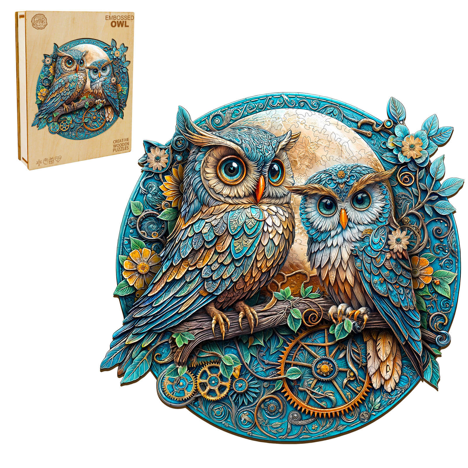 Embossed Owl wooden jigsaw puzzle featuring intricately designed owls and floral elements, perfect for enhancing focus and intelligence.