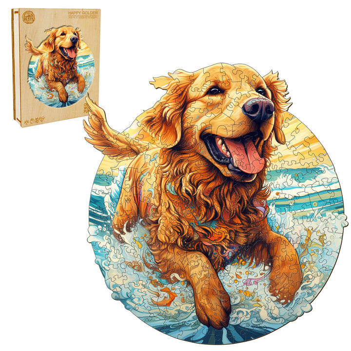 Happy Golden Retriever Wooden Jigsaw Puzzle-Woodbests