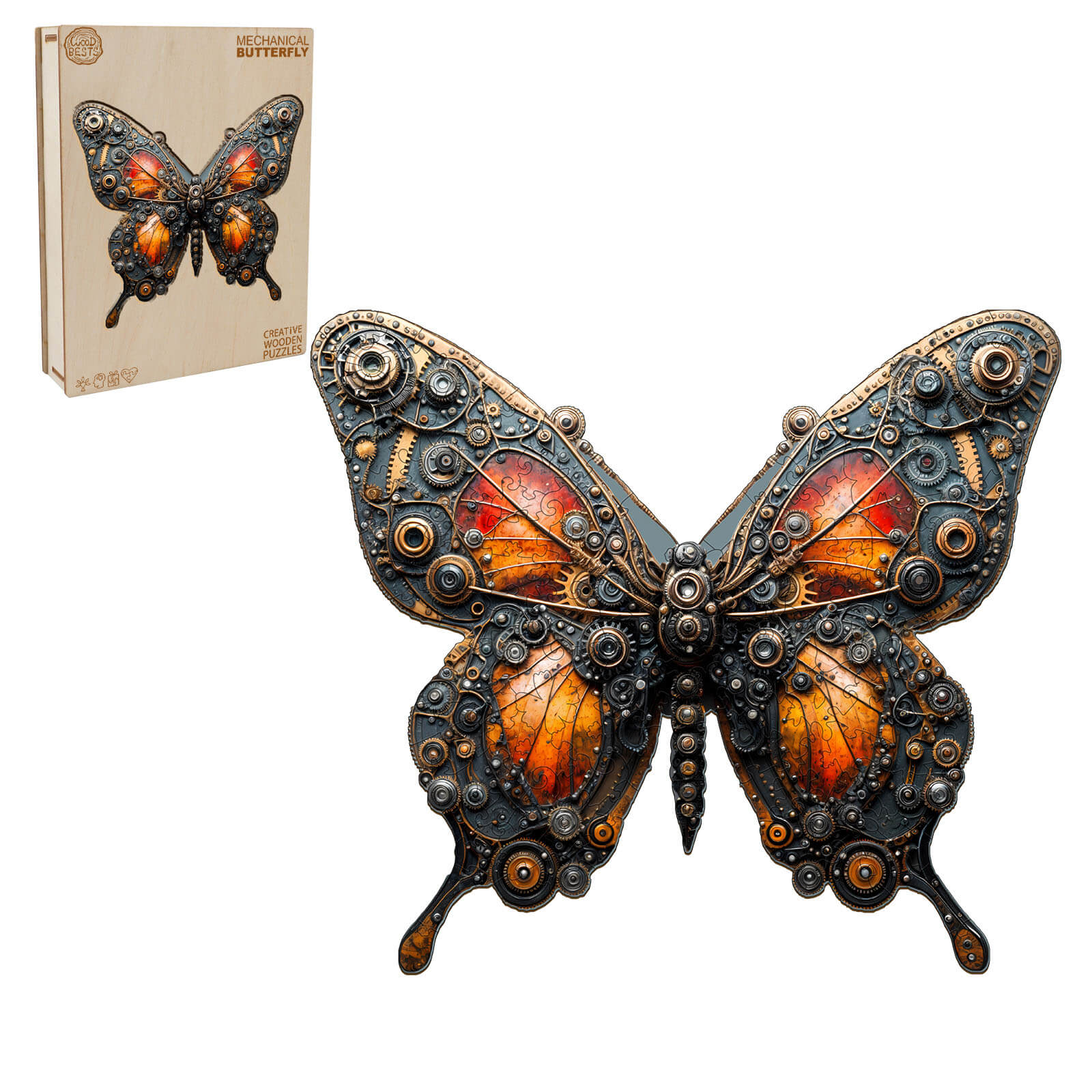 3D Mechanical Butterfly Wooden Jigsaw Puzzle displayed with its box, featuring intricate designs and vibrant colors.