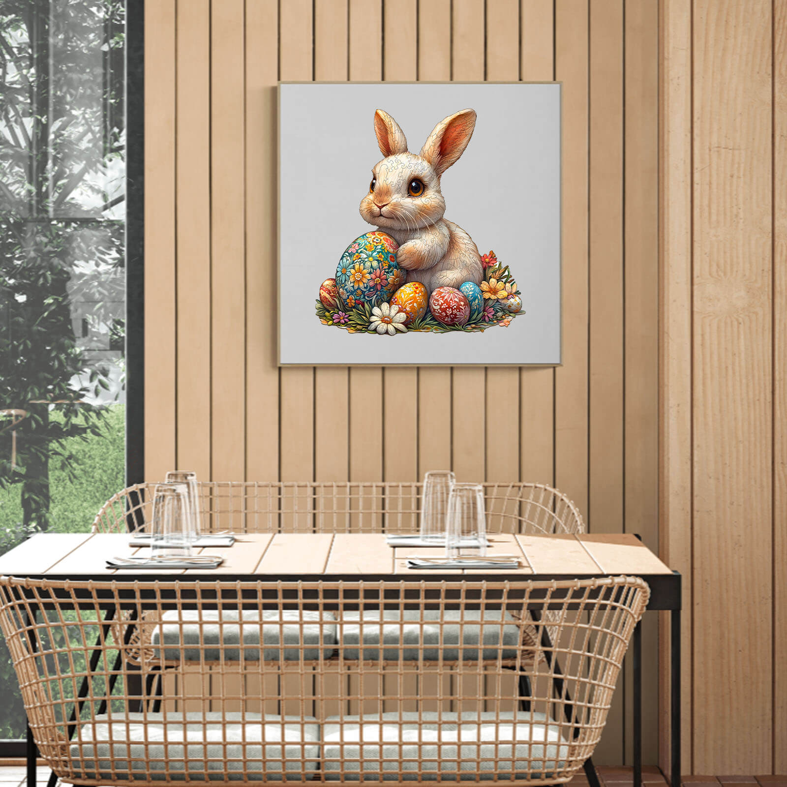 3D Wonderful Easter Bunny Jigsaw Puzzle featuring a fluffy bunny with floral-patterned Easter eggs in a cozy setting.
