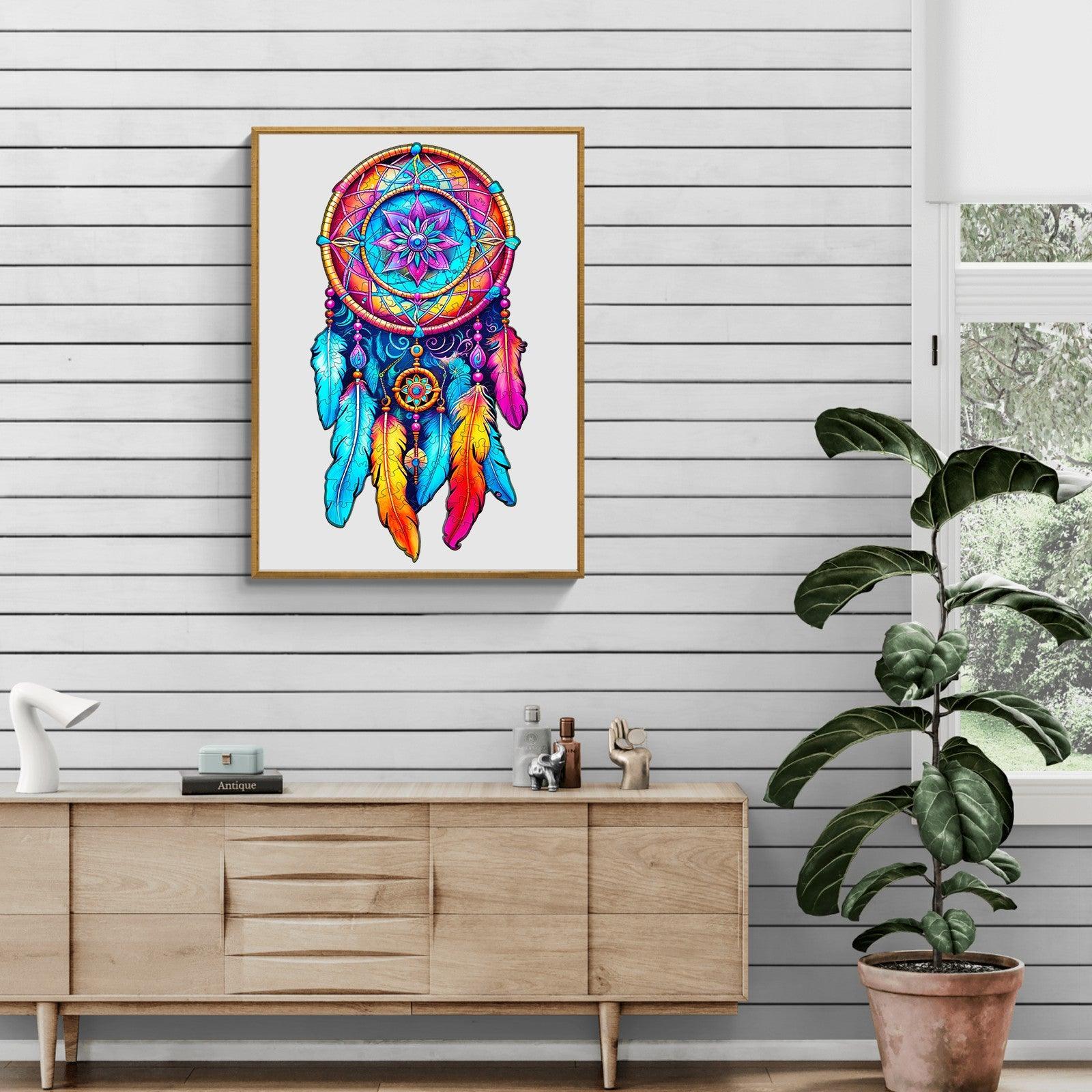 Colorful mandala dream catcher art in modern decor with a potted plant and wooden furniture.