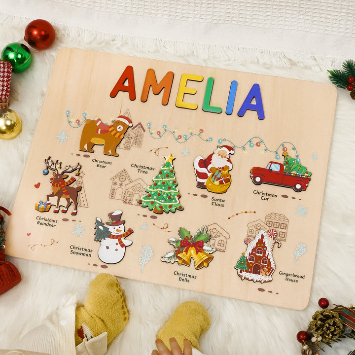 Personalized Wooden Name Puzzle -Merry Christmas for Toddlers
