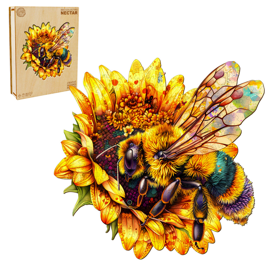 Rompecabezas de madera de abeja recogiendo néctar 