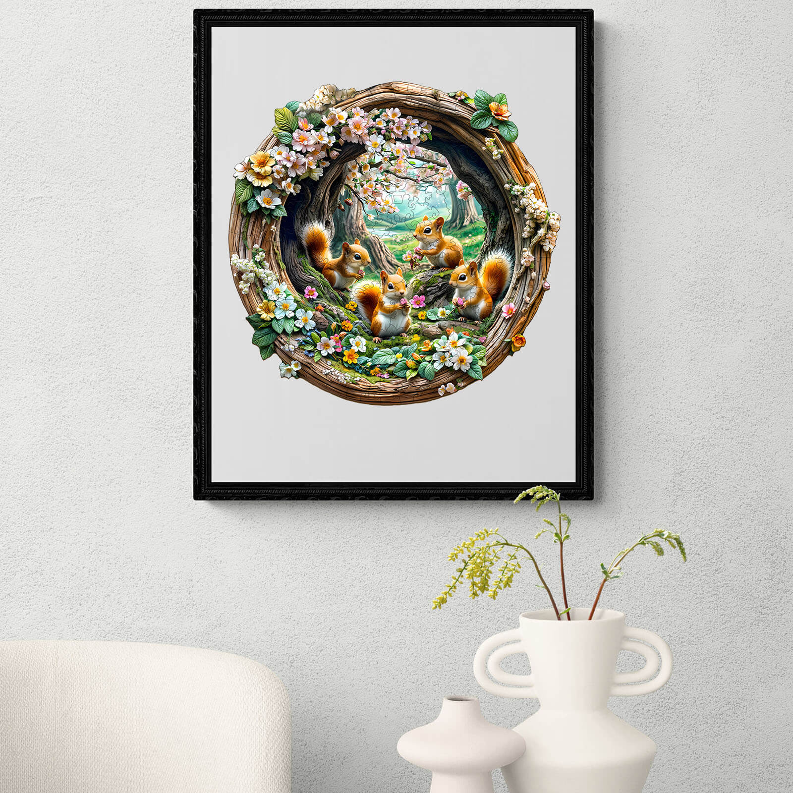 3D Spring Squirrel wooden jigsaw puzzle artwork with squirrels and flowers in decorative frame.