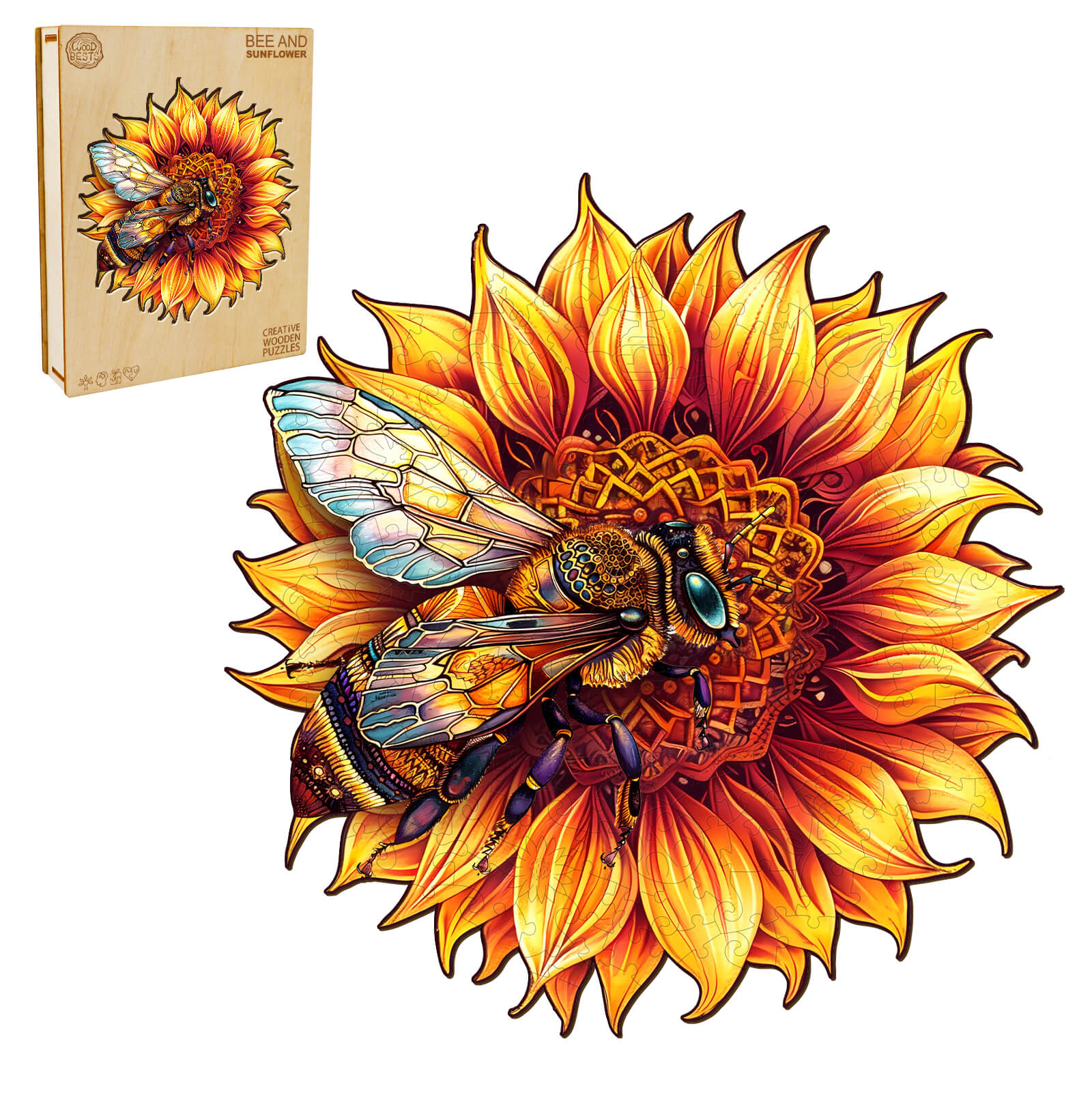 Beautiful Bee and Sunflower Wooden Jigsaw Puzzle, vibrant colors, perfect for mind games and improved focus.