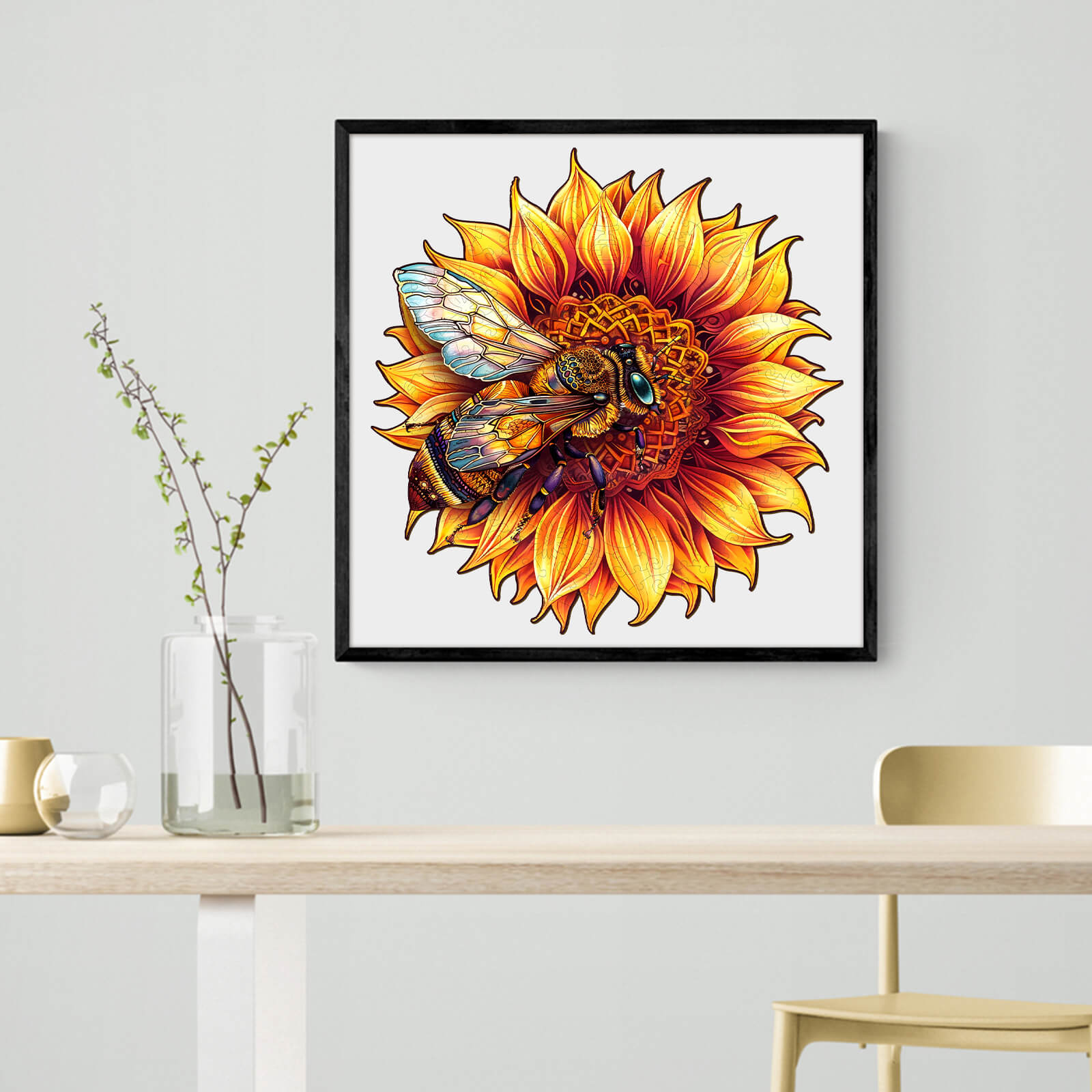 Colorful bee sitting on a vibrant sunflower artwork in a modern home setting, enhancing decor with nature's beauty.