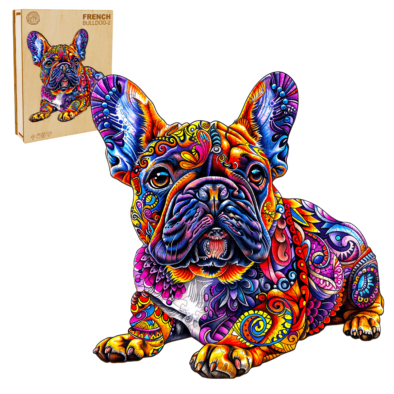 Colorful wooden jigsaw puzzle featuring a French Bulldog design, perfect for brain-boosting mind games.