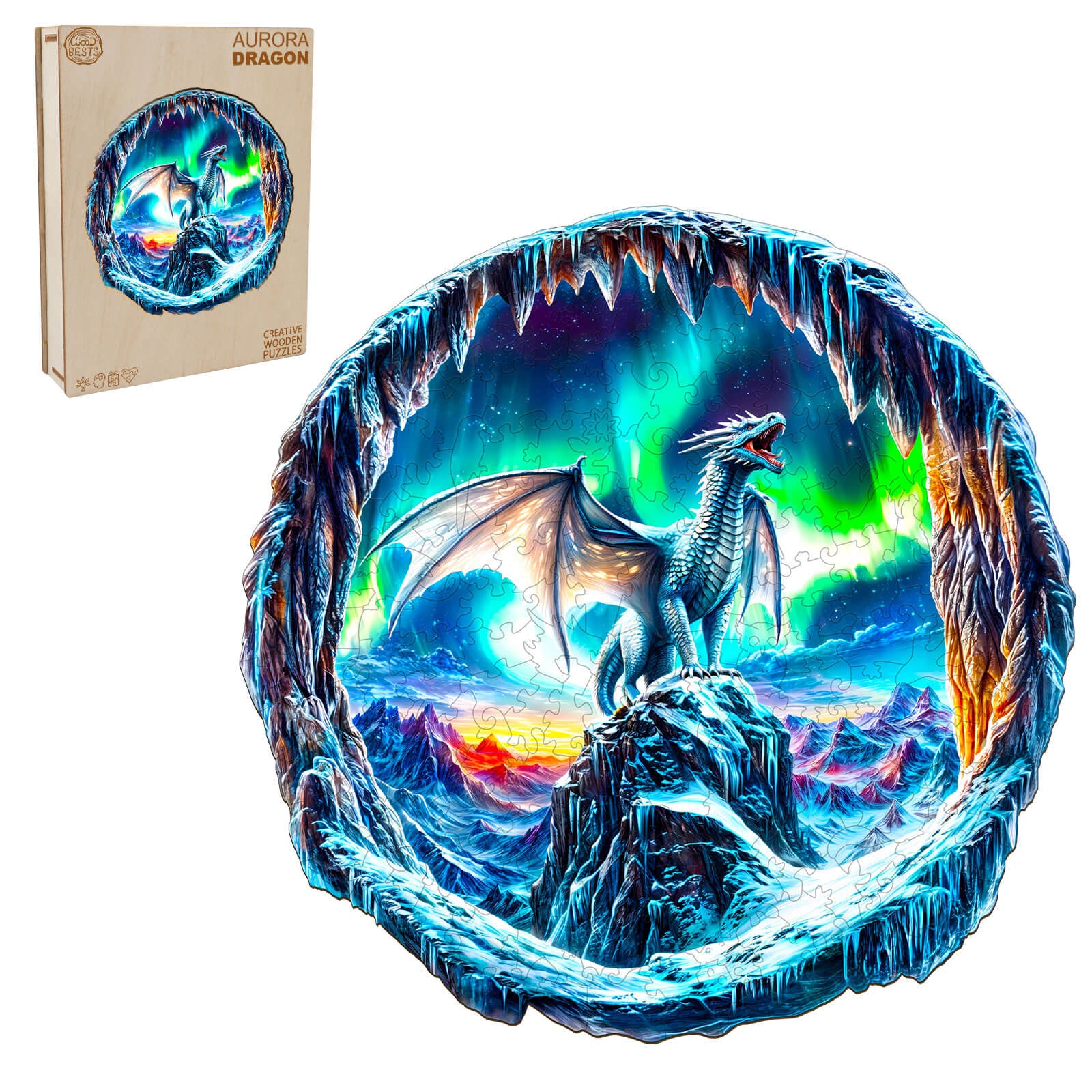 3D wooden jigsaw puzzle featuring a frost dragon under the northern lights with vibrant colors and a stunning icy landscape.
