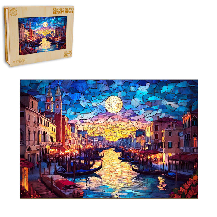 Stained Glass Starry Night Wooden Jigsaw Puzzle - Woodbests