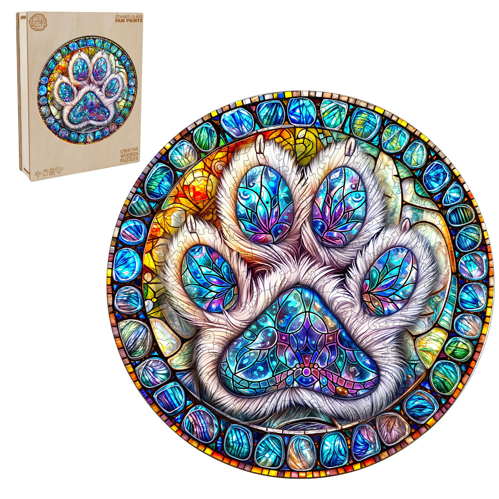 Stained glass paw prints wooden jigsaw puzzle featuring colorful intricate paw design, enhancing focus and cognitive skills.
