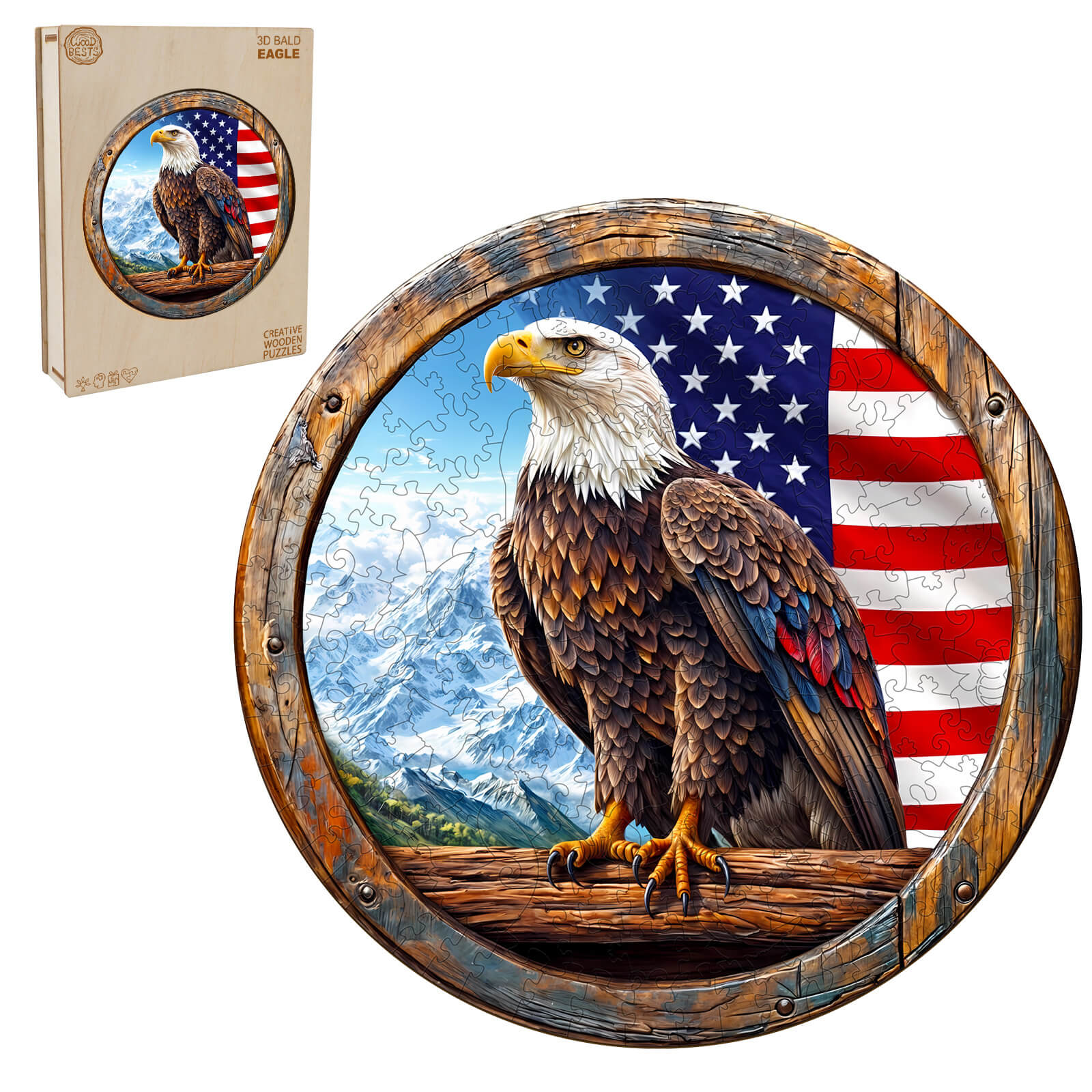 3D Bald Eagle wooden jigsaw puzzle featuring eagle against American flag backdrop, perfect for mind games and enhancing focus.