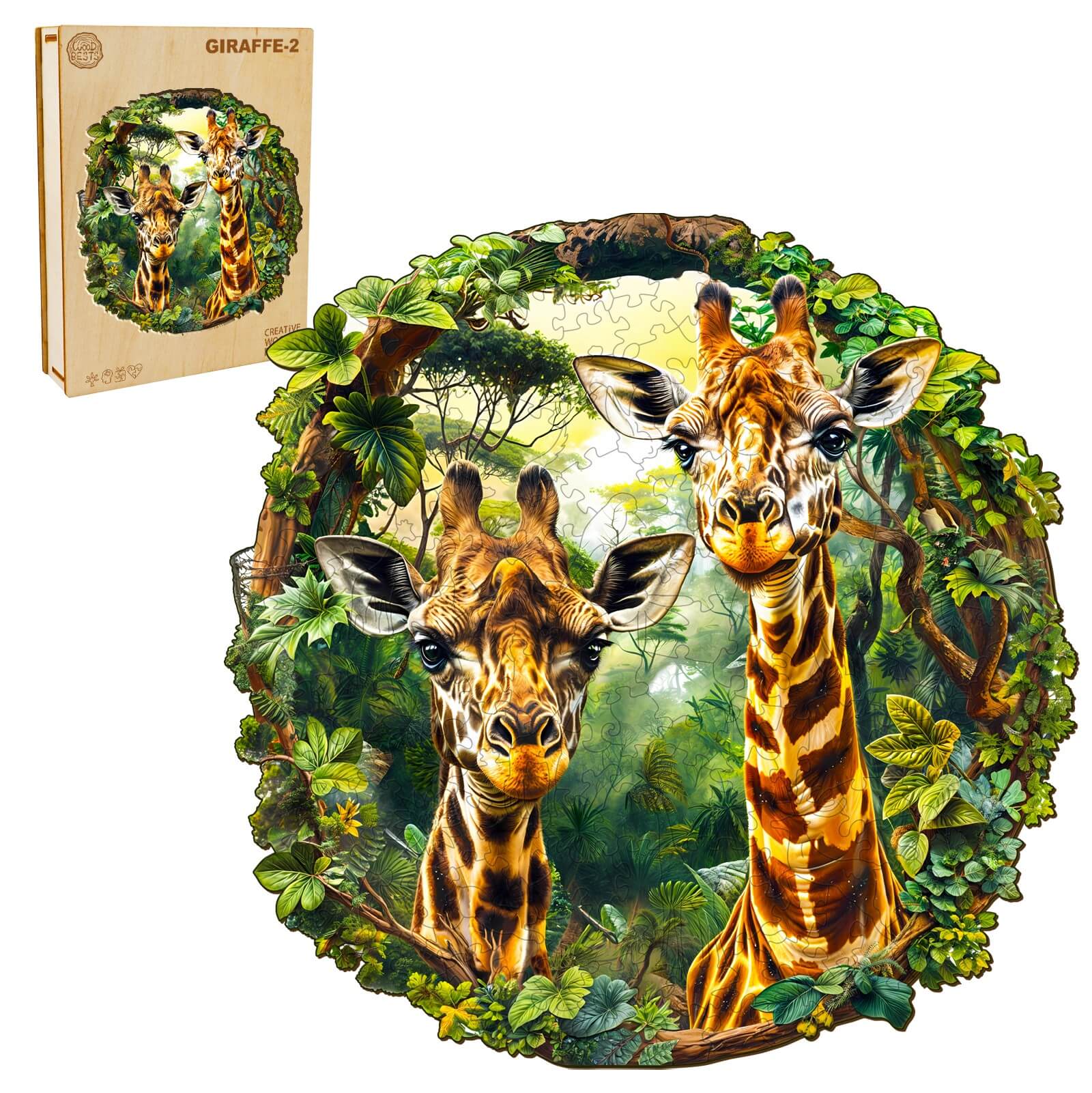 Giraffe-2 Wooden Jigsaw Puzzle showcasing two giraffes surrounded by lush greenery and the puzzle box.