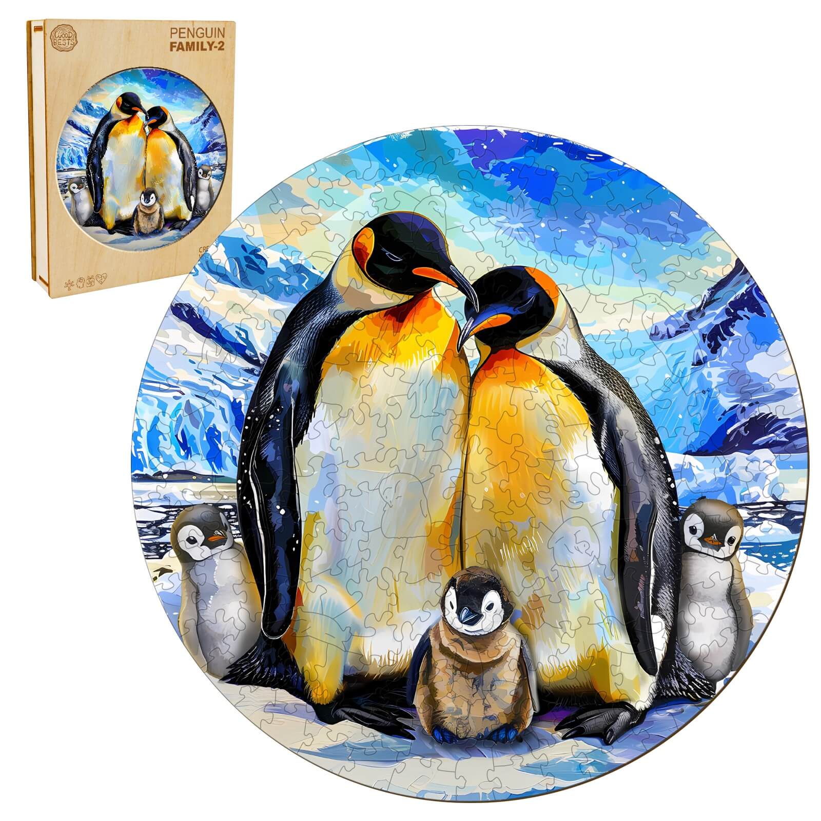Round wooden jigsaw puzzle featuring a penguin family, enhancing focus and creativity in puzzle solving.