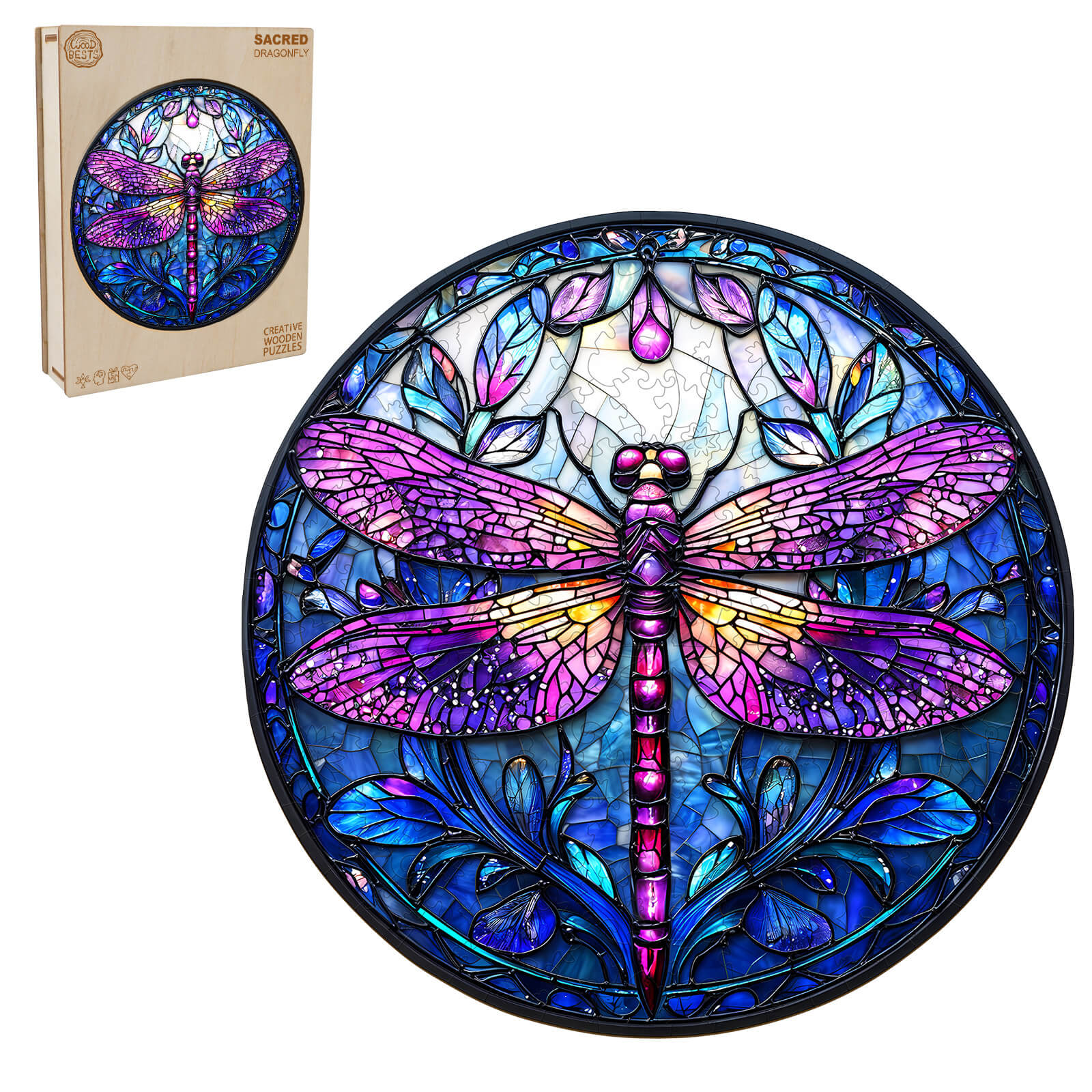 Sacred Dragonfly Wooden Jigsaw Puzzle featuring vibrant stained glass design, perfect for enhancing focus and problem-solving skills.