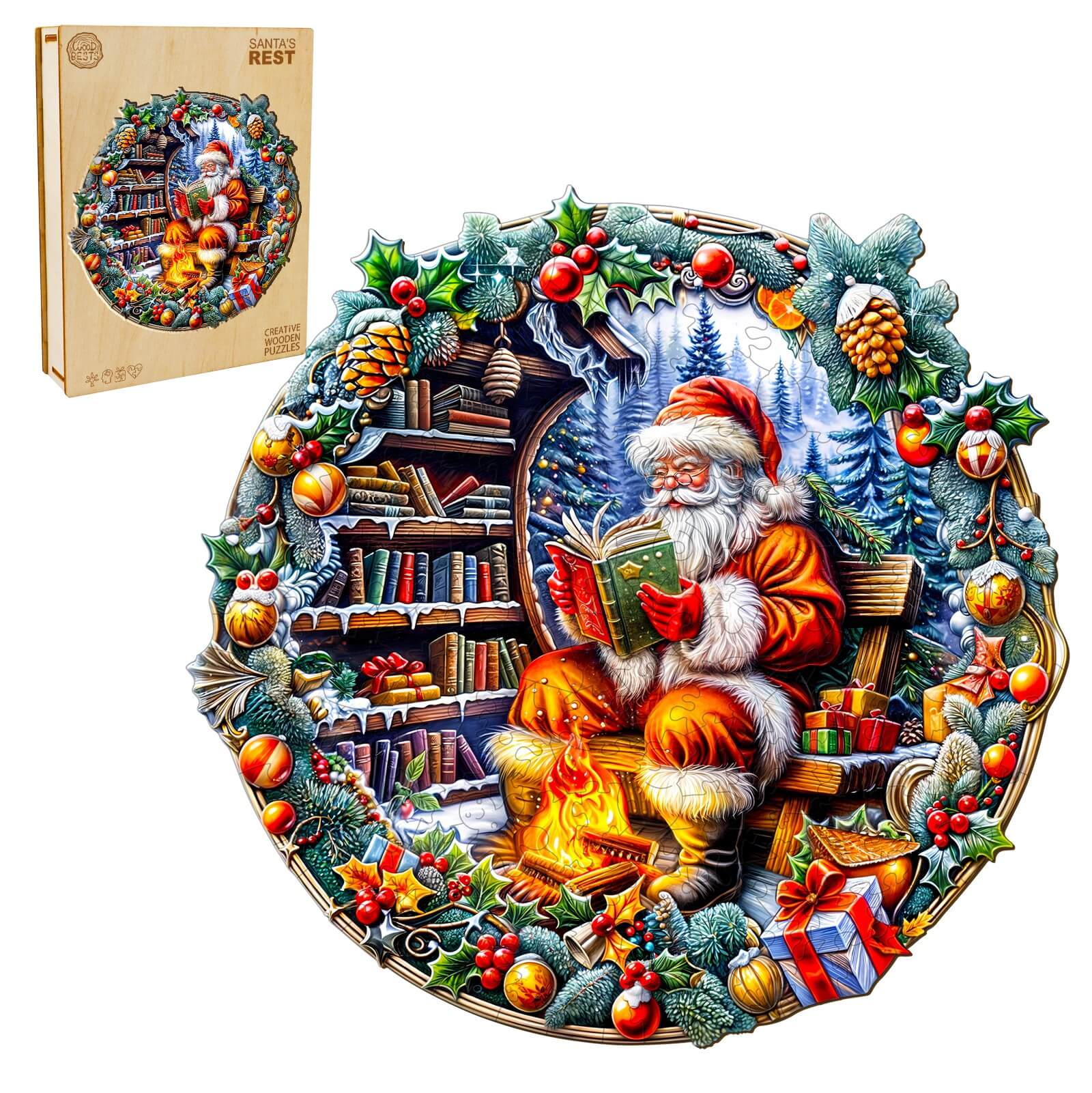 Santa's Rest Wooden Jigsaw Puzzle featuring Santa reading by the fireplace, surrounded by holiday decorations. Fun mind game!