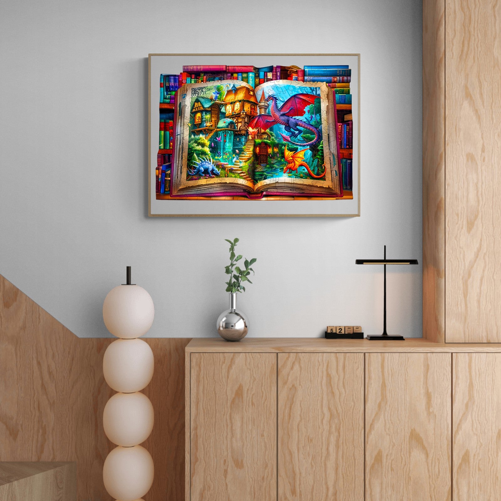 Colorful illustration of a fantasy book with dragons and magical creatures, perfect for a whimsical decor.