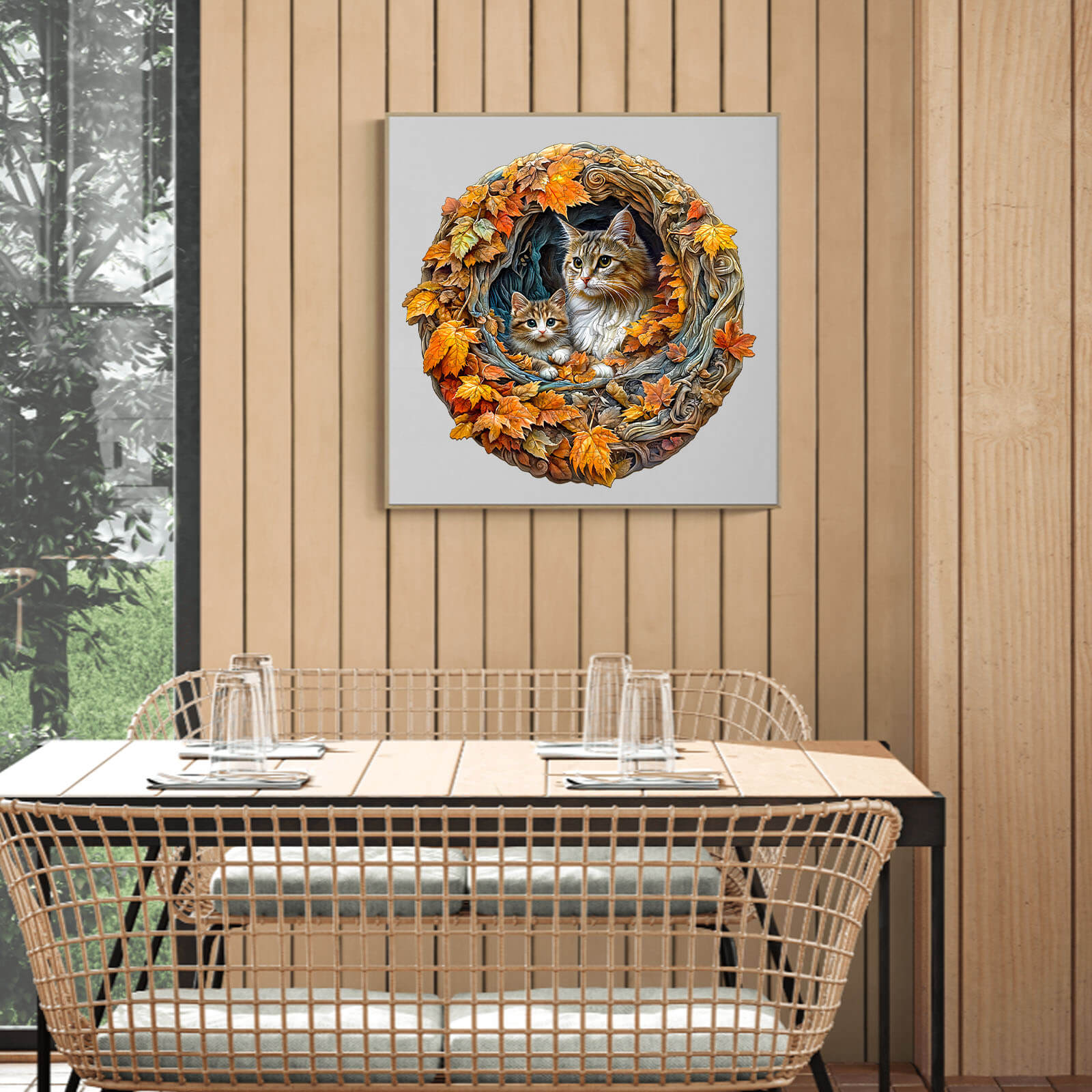3D cat mom jigsaw puzzle artwork framed on wall above a dining table, featuring two cats in a floral design.
