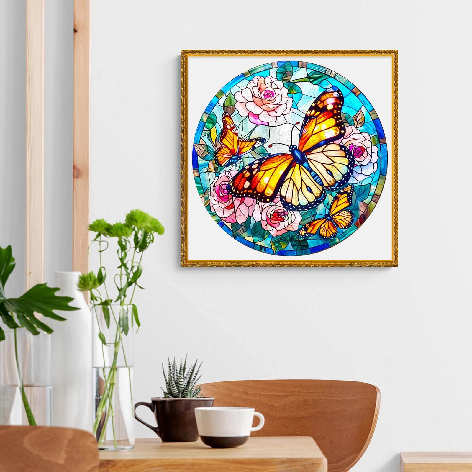 Stained glass butterfly wall art surrounded by flowers, enhancing decor and inspiring creativity.
