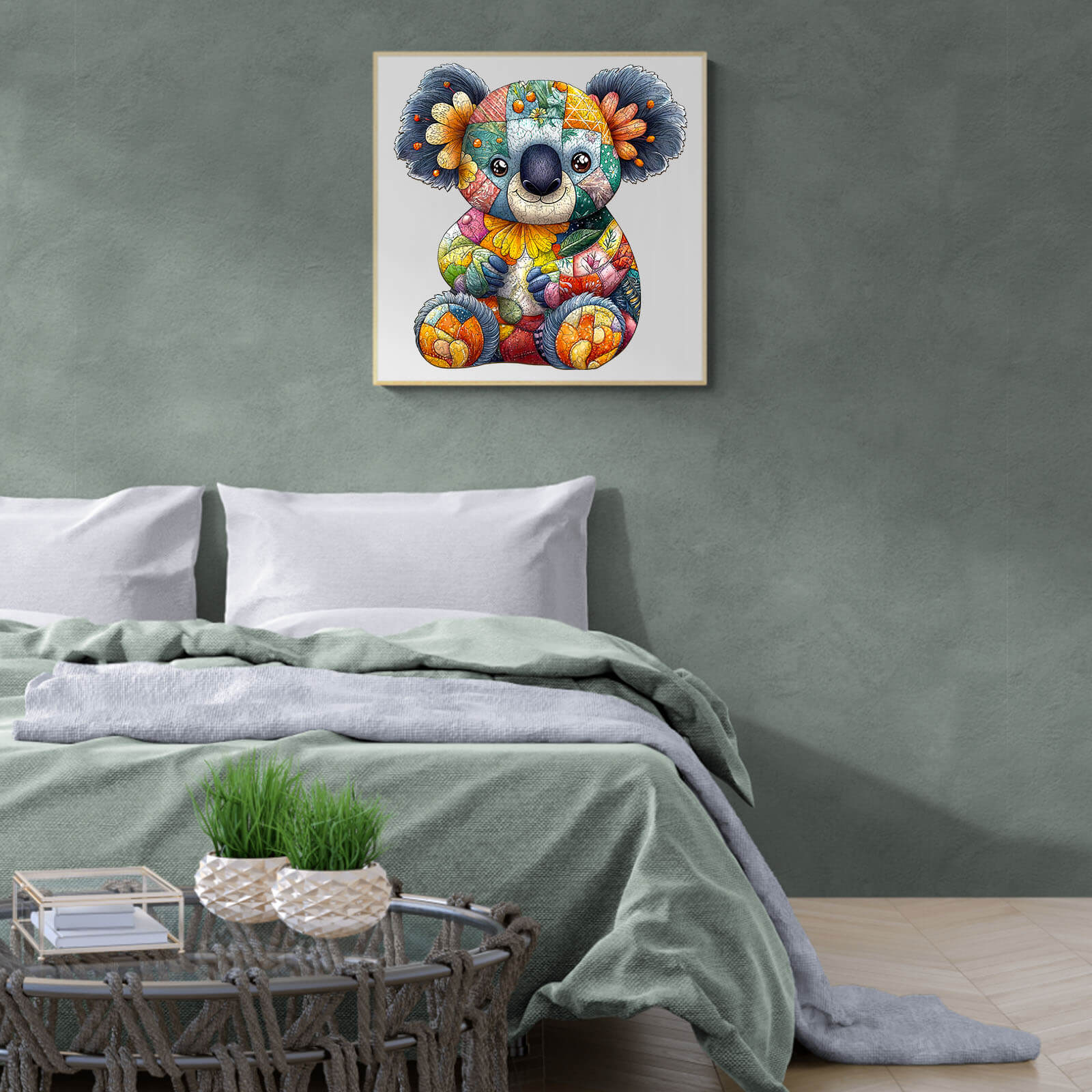 Patchwork Koala wooden jigsaw puzzle art above a cozy bed in a stylish bedroom, adding a fun, colorful touch.