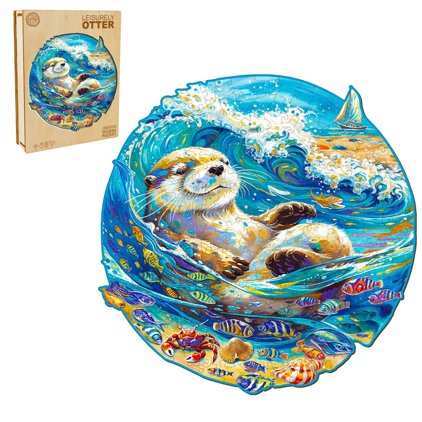 Leisurely Otter wooden jigsaw puzzle featuring a playful otter in vibrant ocean colors and marine life.