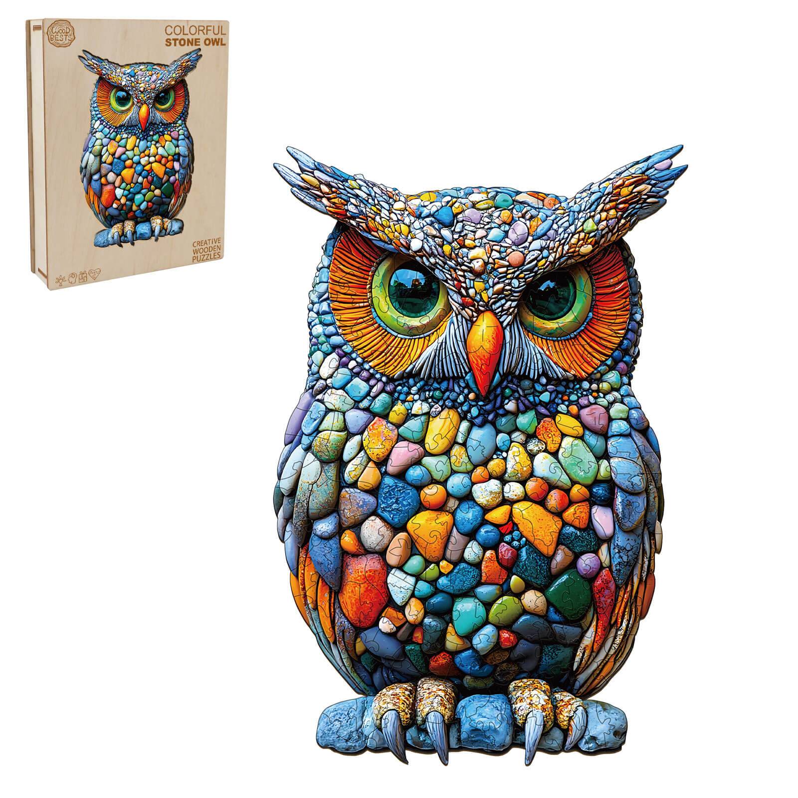 Colorful Stone Owl wooden jigsaw puzzle featuring vibrant stone designs for brain-boosting mind games.