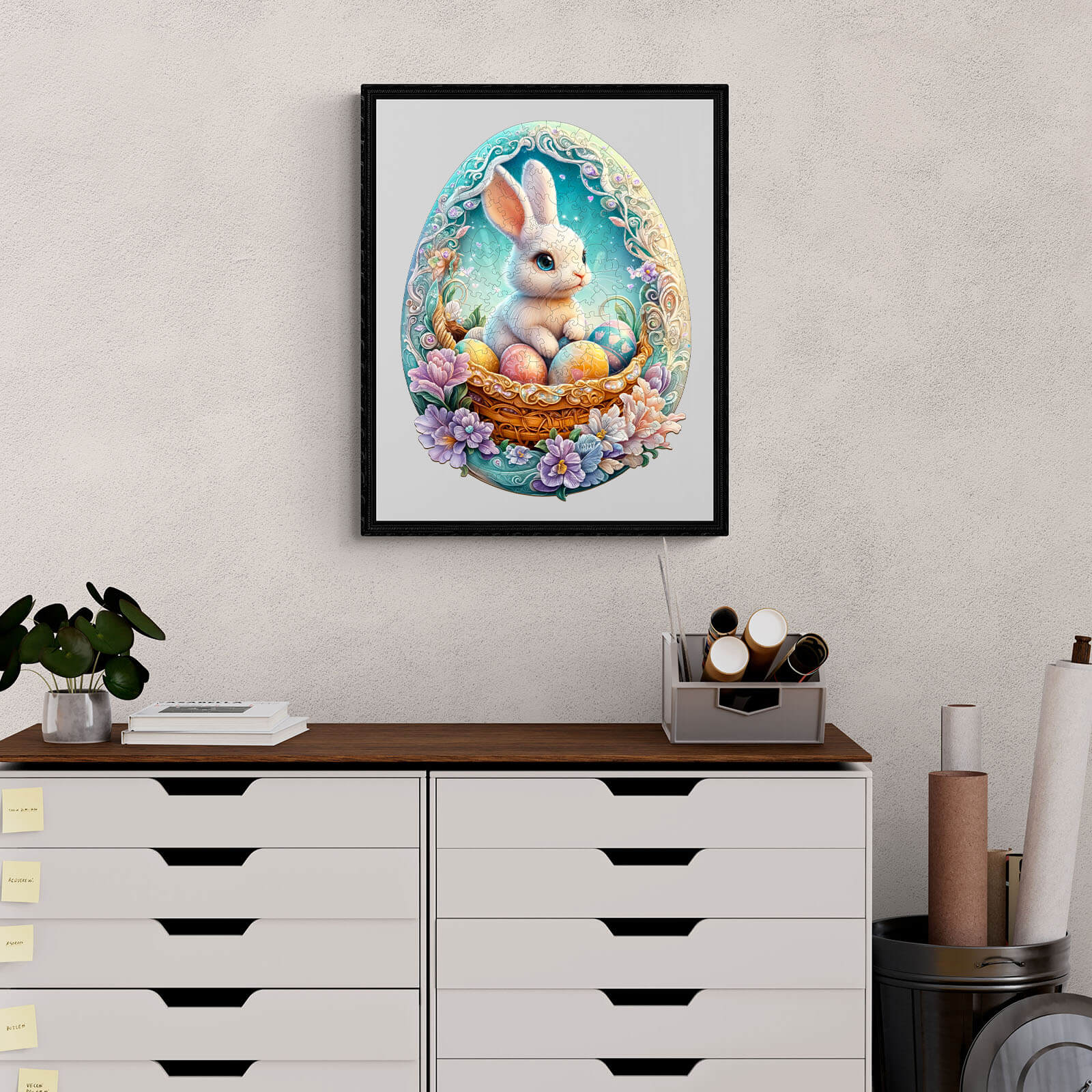 Framed artwork of a cute bunny surrounded by Easter eggs and flowers, perfect for Easter decor.