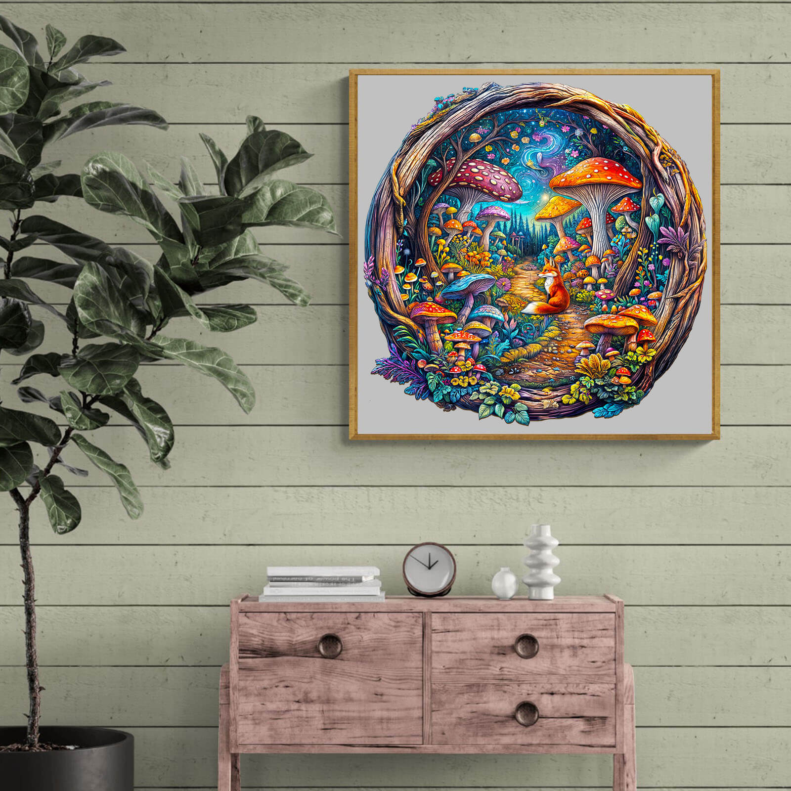 Colorful 3D Mushroom Forest wooden jigsaw puzzle art displayed in a cozy home setting.