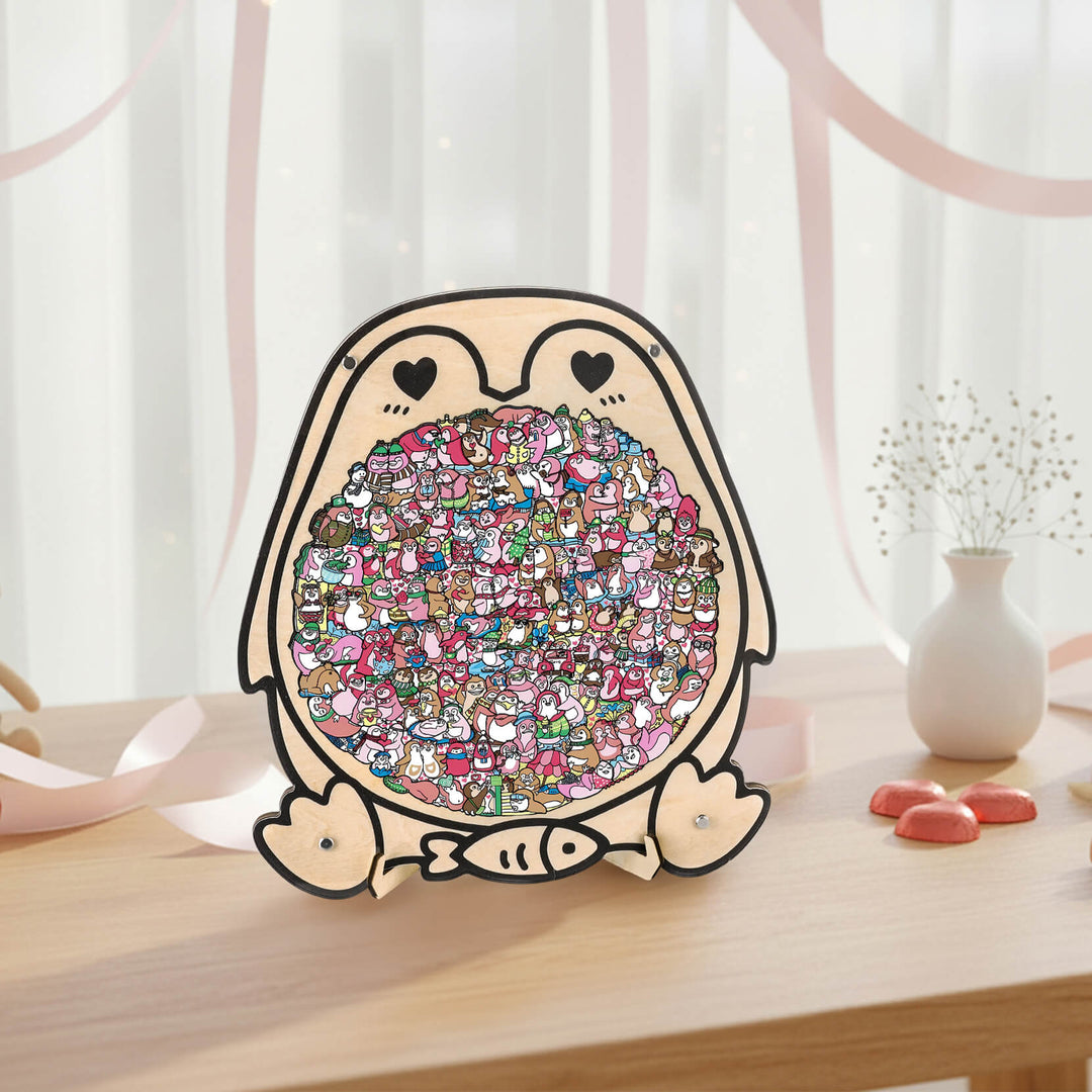 Cute Lover Penguin Shaped Wooden Jigsaw Puzzle