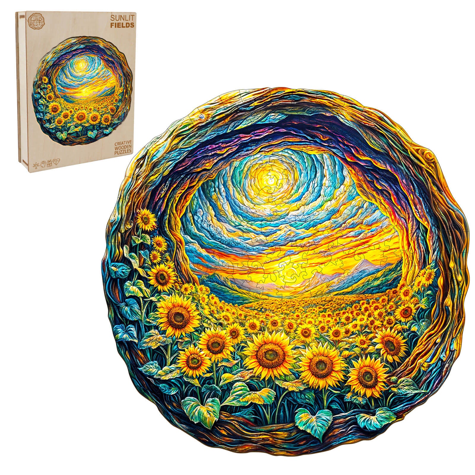 3D Sunlit Fields wooden jigsaw puzzle featuring vibrant sunflowers and a colorful sunset design.