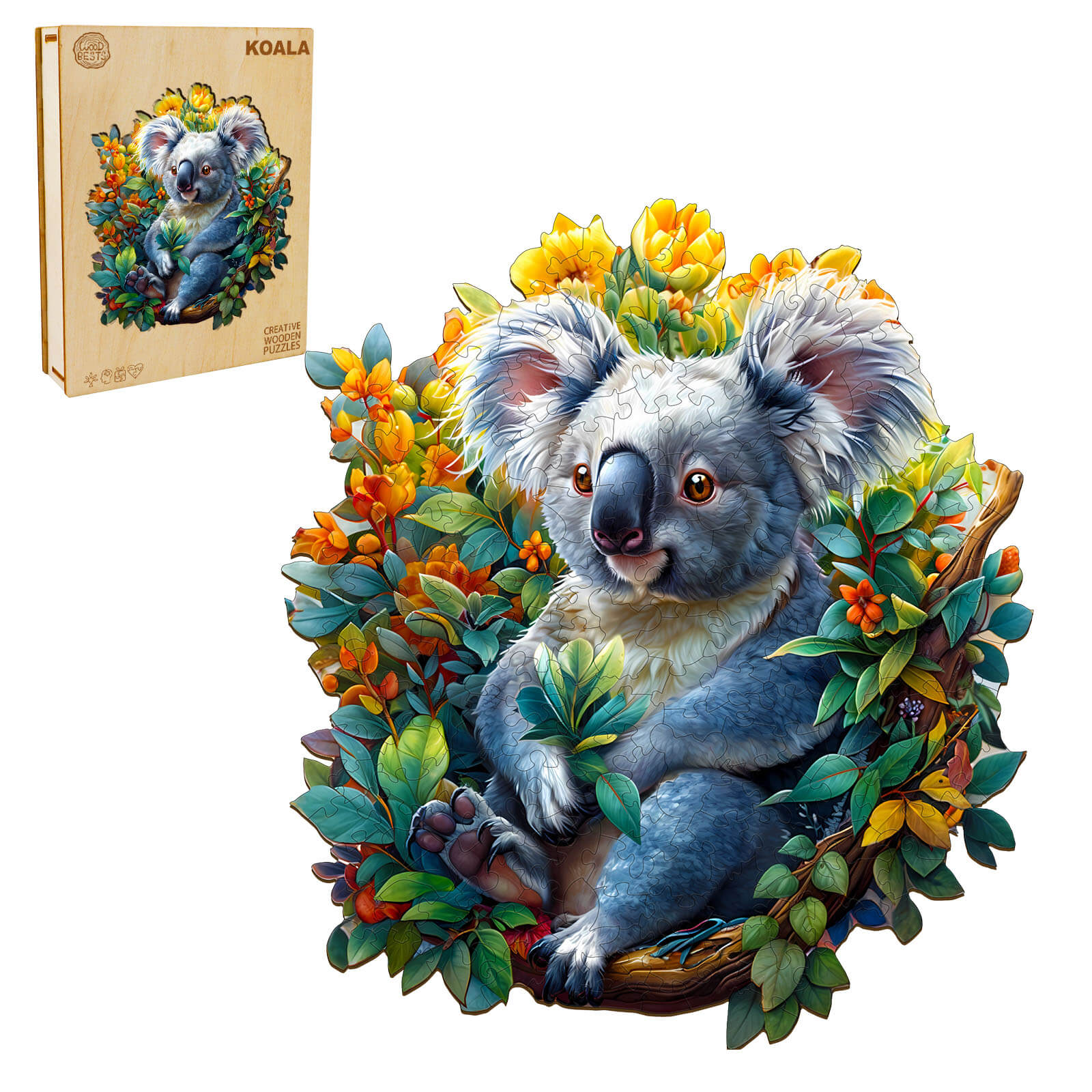 Colorful Koala wooden jigsaw puzzle surrounded by greenery, featuring vivid art and a box design for puzzle enthusiasts.