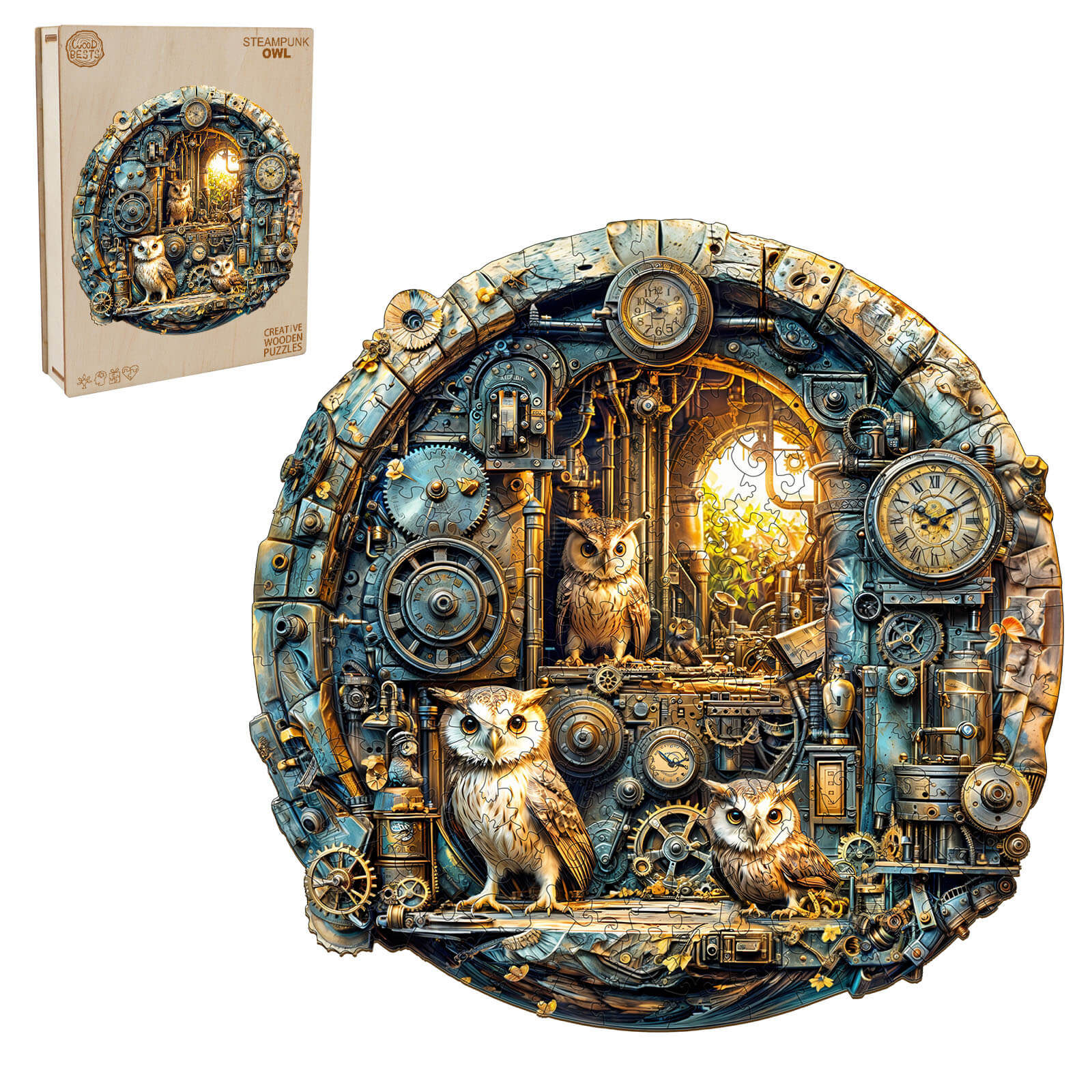 Steampunk Owl wooden jigsaw puzzle featuring intricate clockwork design and two owls, perfect for mind games and focus.