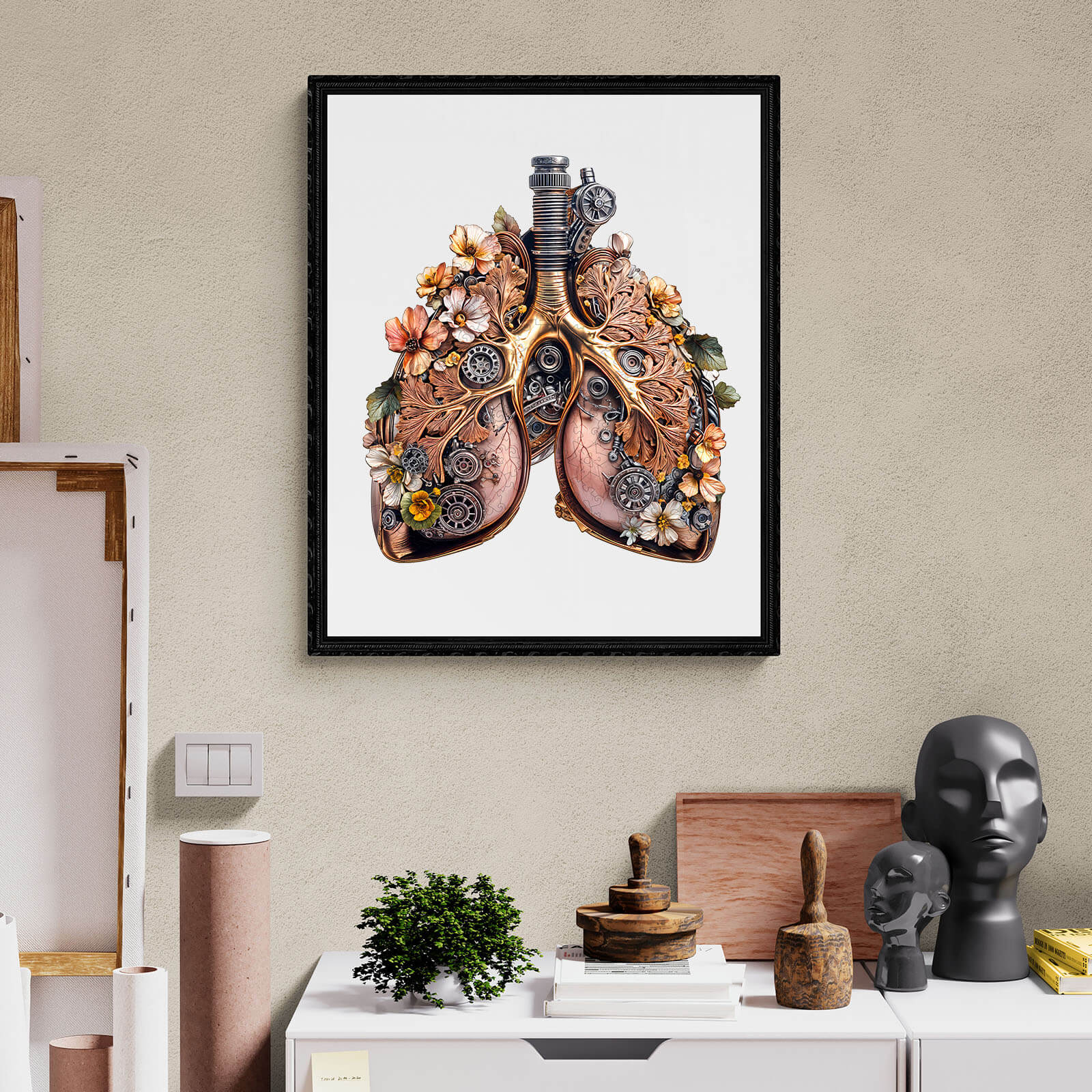 3D Mechanical Lung Wooden Jigsaw Puzzle artwork with floral decorations and gears, enhancing focus and problem-solving skills.