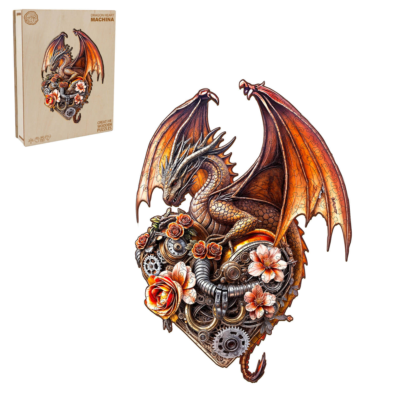 Dragon Heart Machina wooden jigsaw puzzle featuring a detailed dragon design and floral elements for mind game enthusiasts.