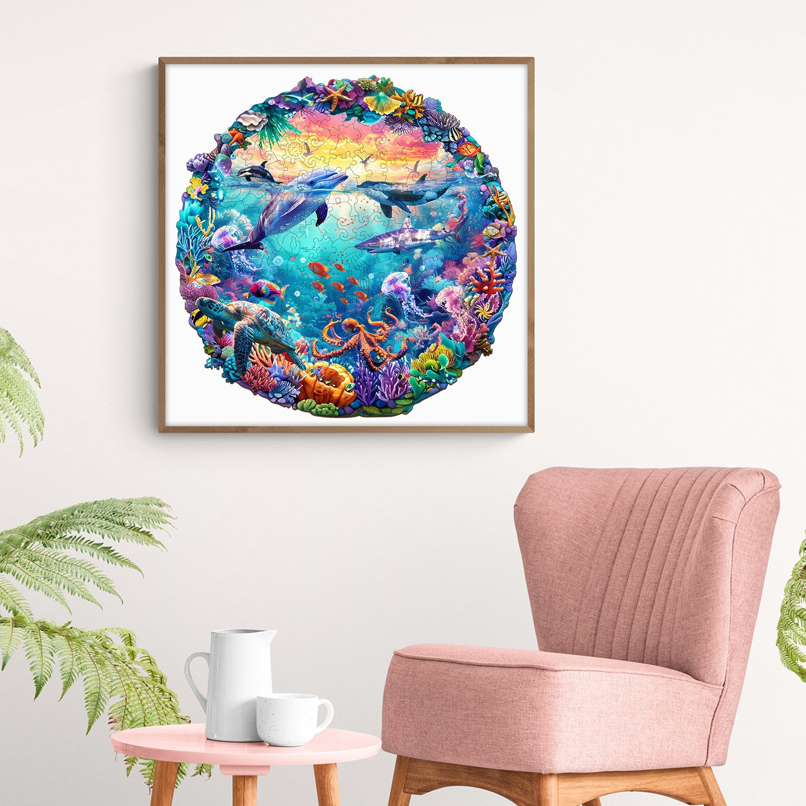 Colorful Sea World jigsaw puzzle featuring dolphins and coral, perfect for enhancing focus and mind skills.