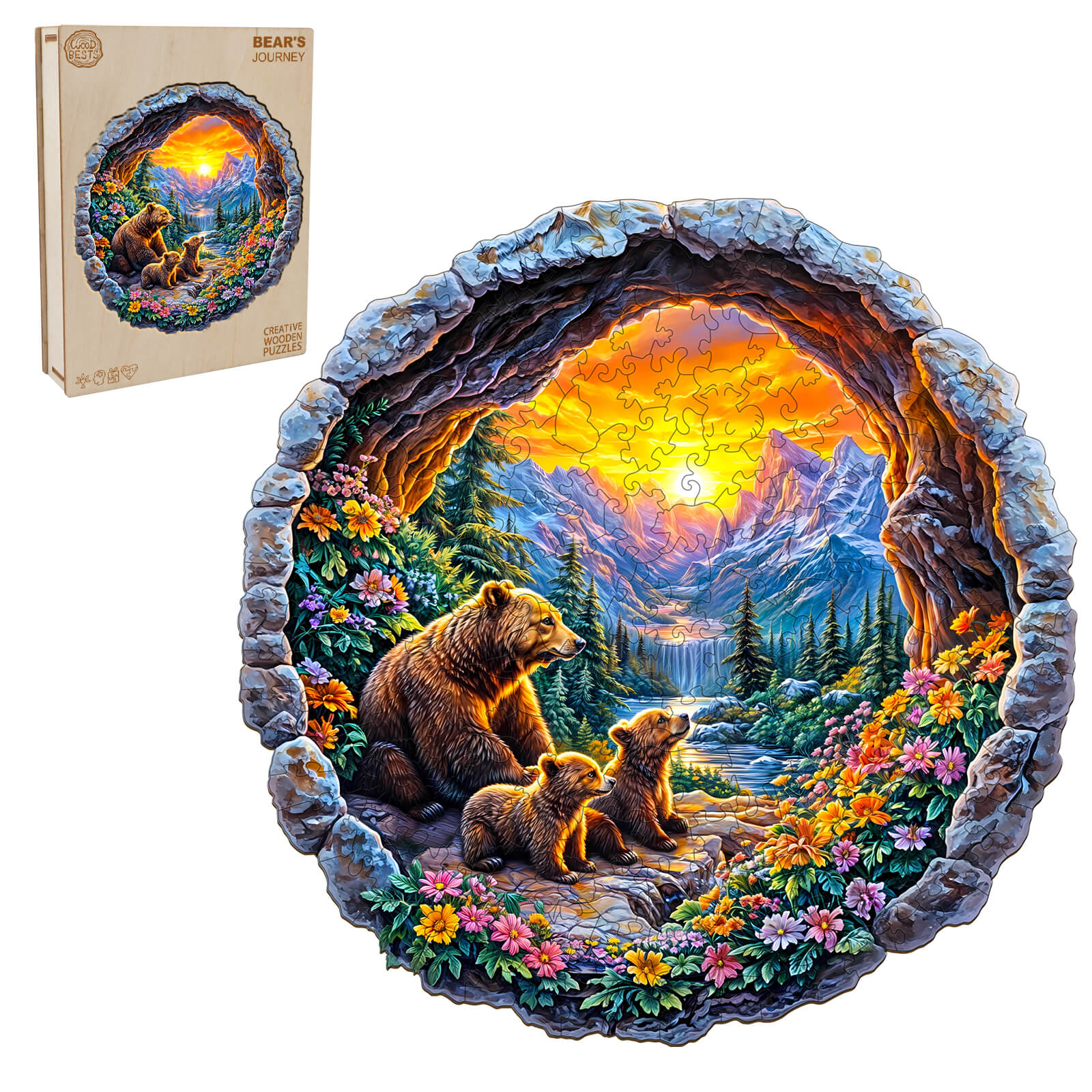 3D Bear's Journey wooden jigsaw puzzle featuring bears in a scenic mountain landscape with vibrant flowers.