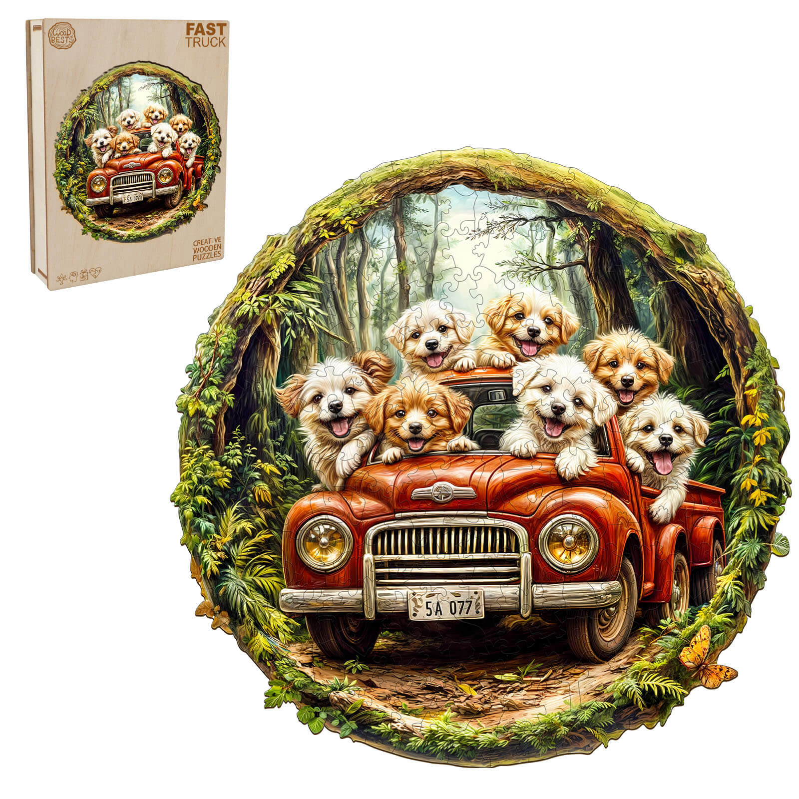 Colorful jigsaw puzzle featuring puppies in a red truck surrounded by lush greenery, perfect for puzzle enthusiasts.