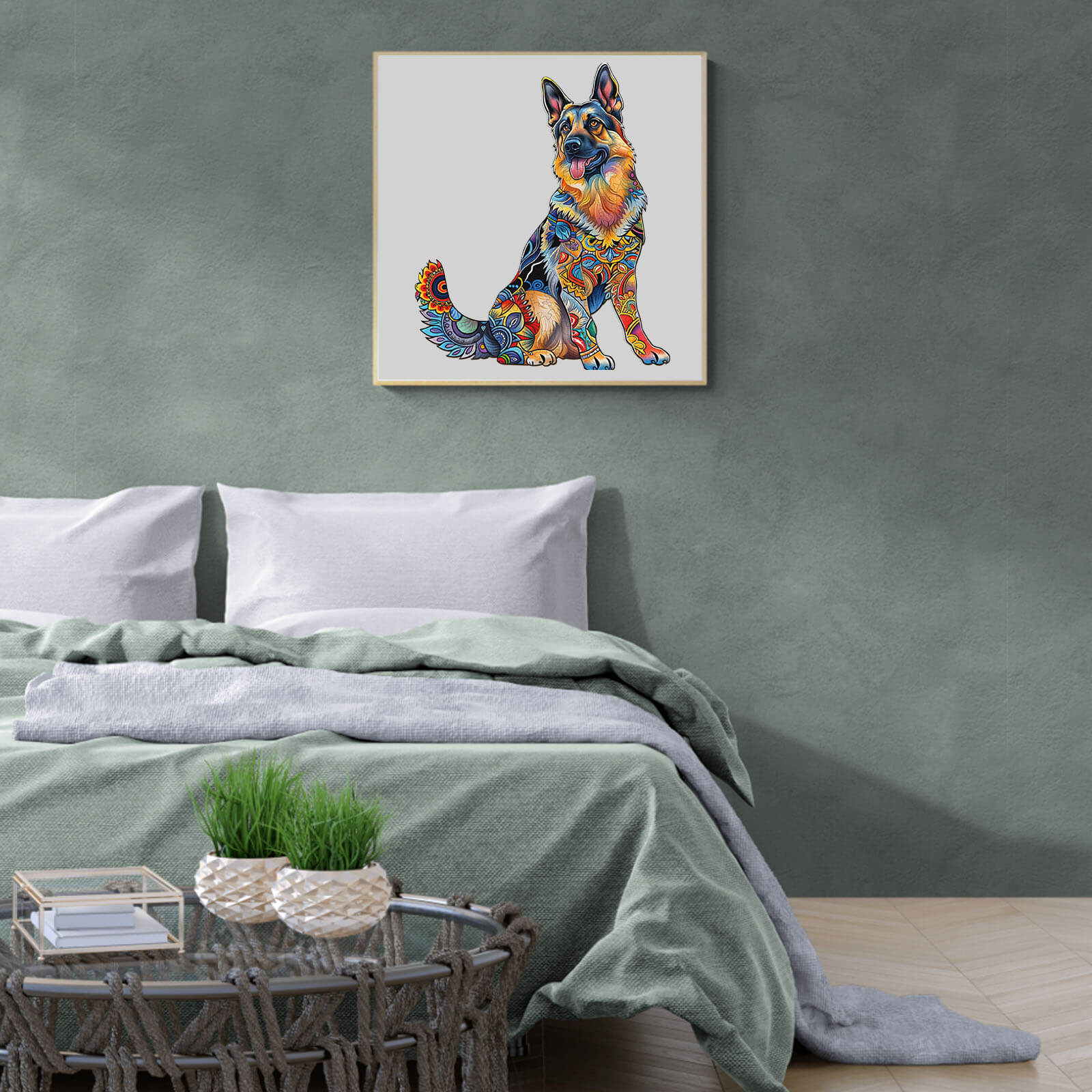 Colorful German Shepherd illustration above a bed in a stylish bedroom setting.