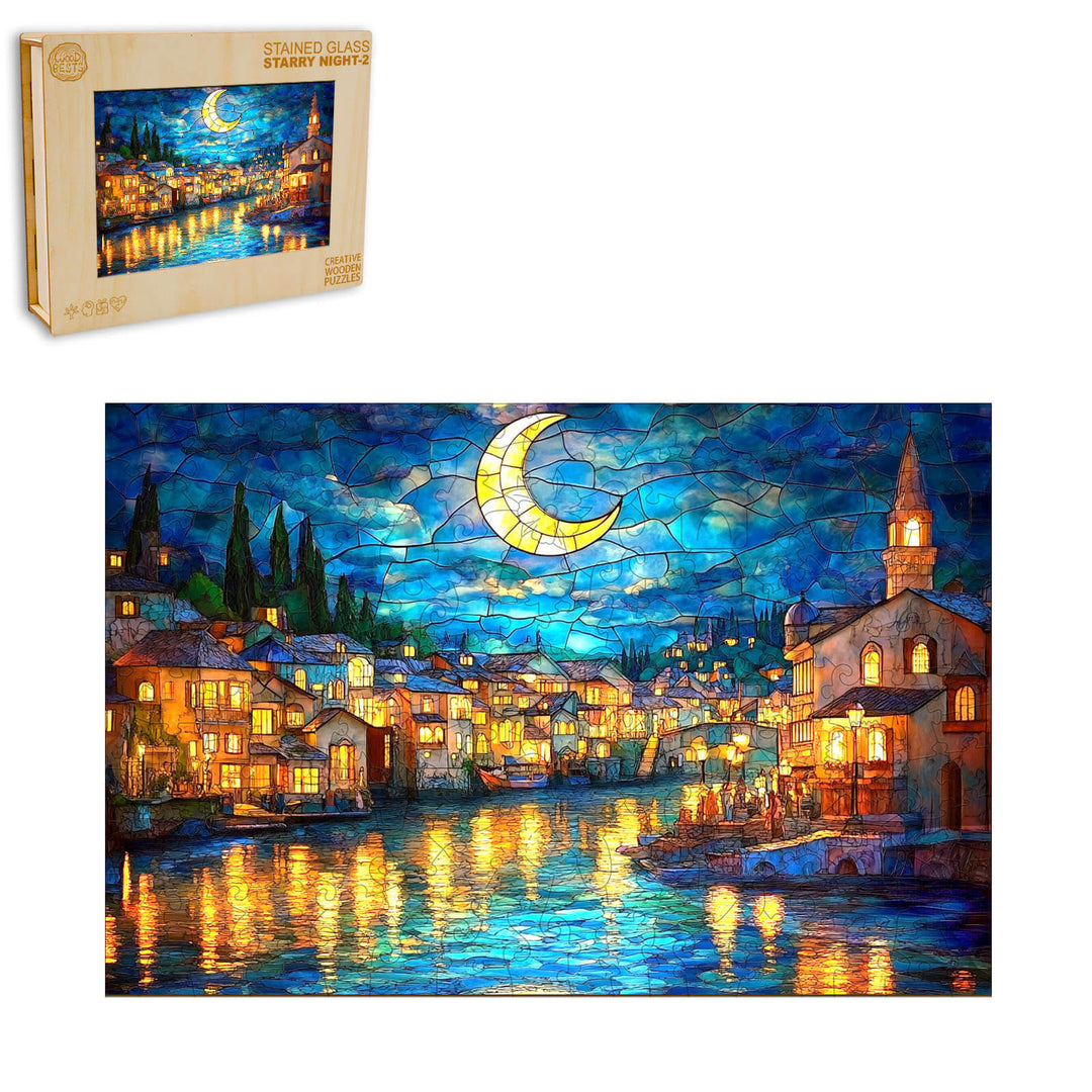 Stained Glass Starry Night-2 Wooden Jigsaw Puzzle - Woodbests