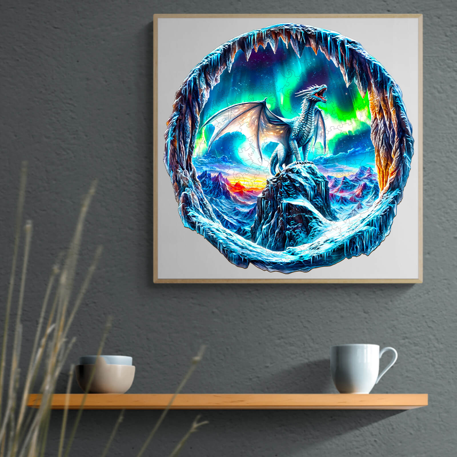 3D Aurora Dragon wooden puzzle design featuring a frost dragon under the northern lights on a mountain peak.