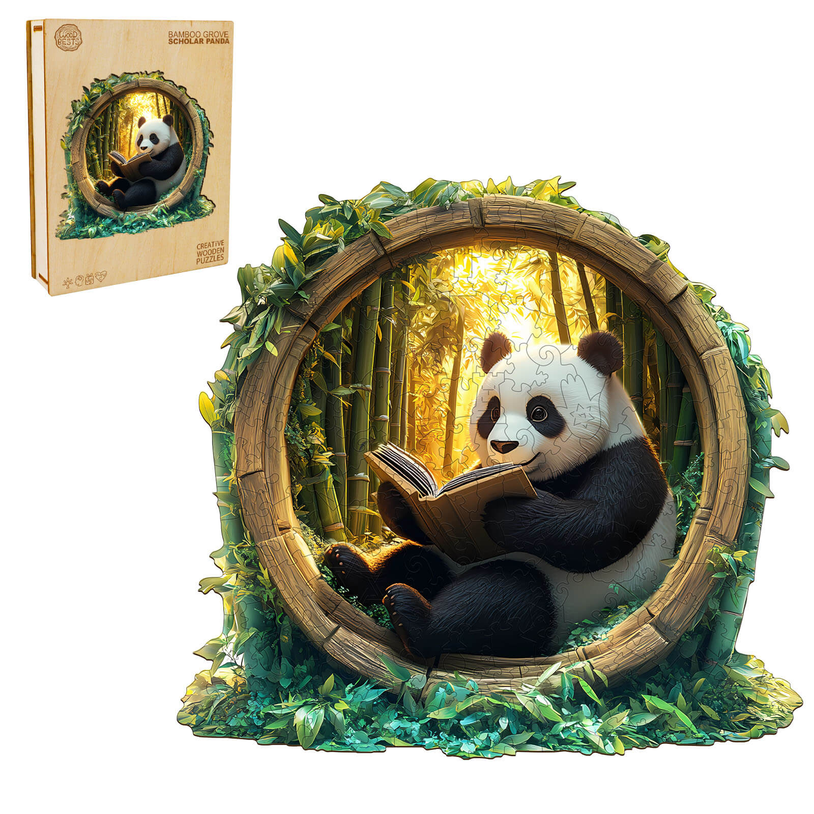 3D Bamboo Grove Scholar Panda wooden jigsaw puzzle, featuring a panda reading in a bamboo setting, perfect for mind games.