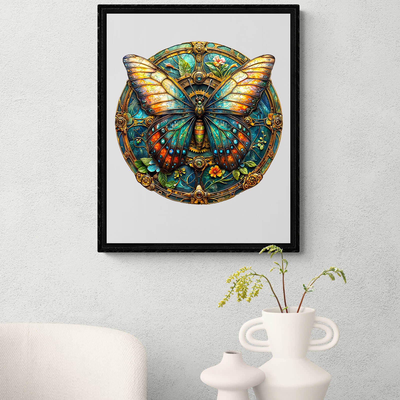 colorful vintage butterfly artwork in a frame, showcasing intricate designs and vibrant colors for home decor.