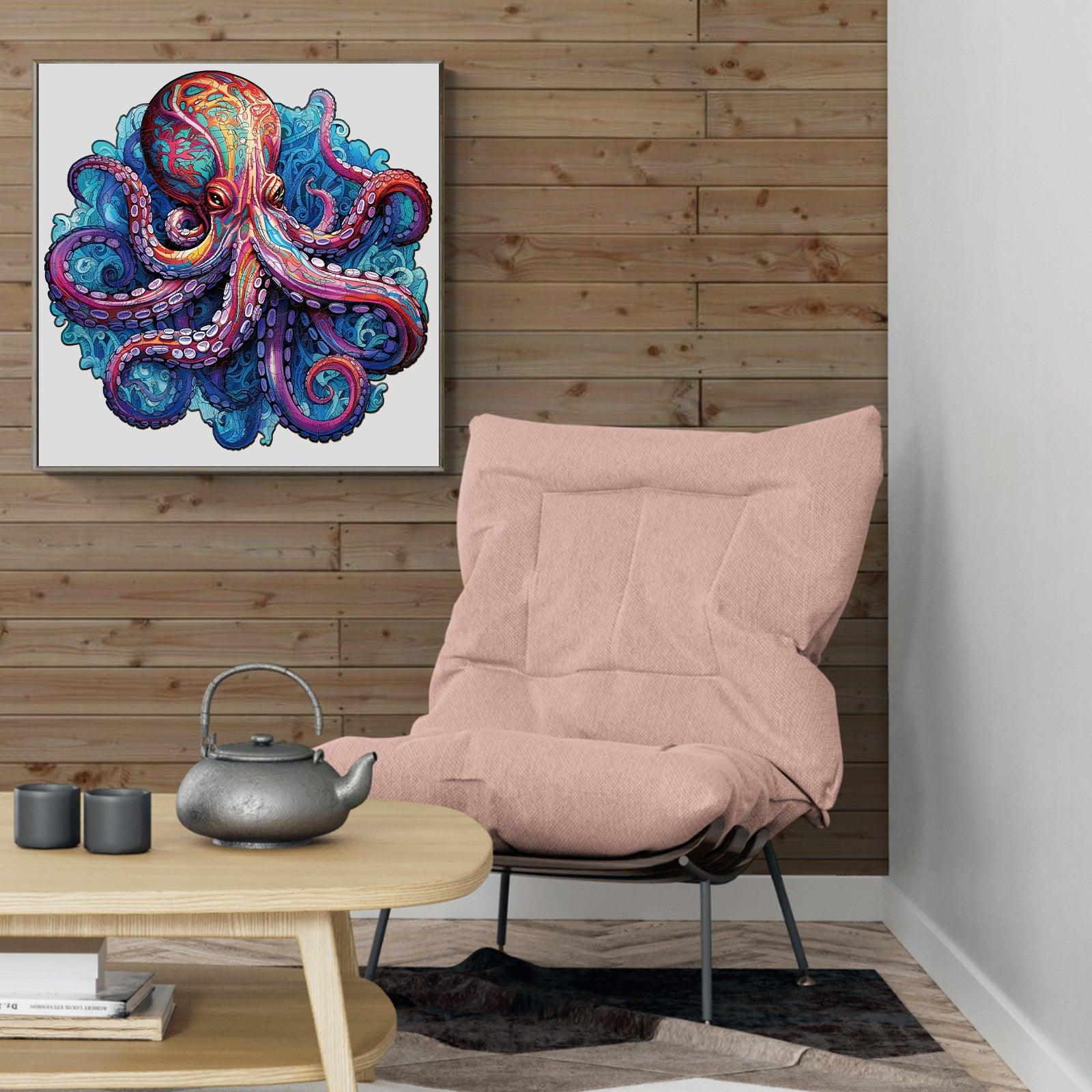 Vibrant art of a giant octopus in a modern living room with cozy furniture and warm wooden accents.