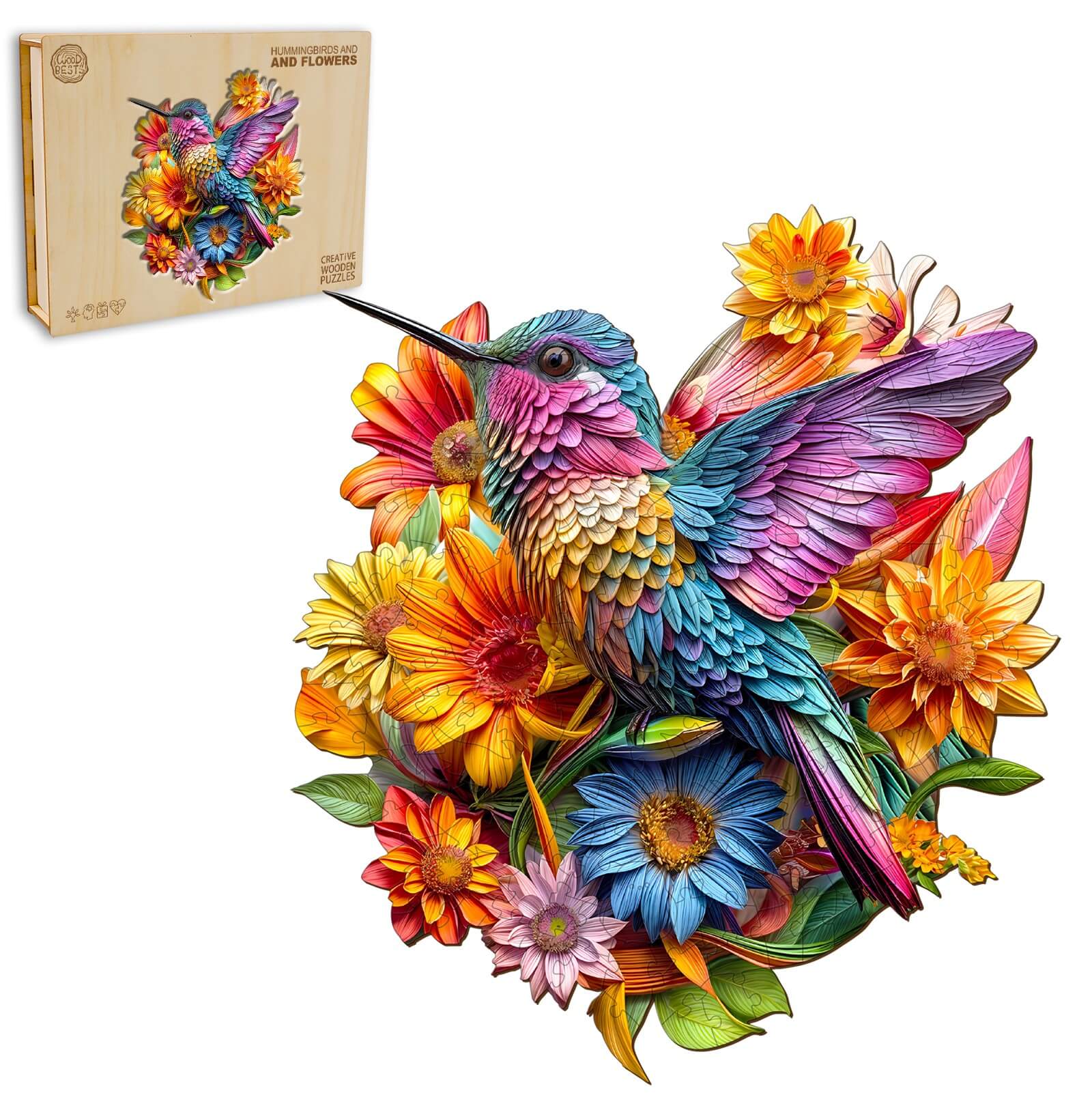 Colorful Hummingbird surrounded by vibrant flowers in a wooden jigsaw puzzle design for mind games and focus.