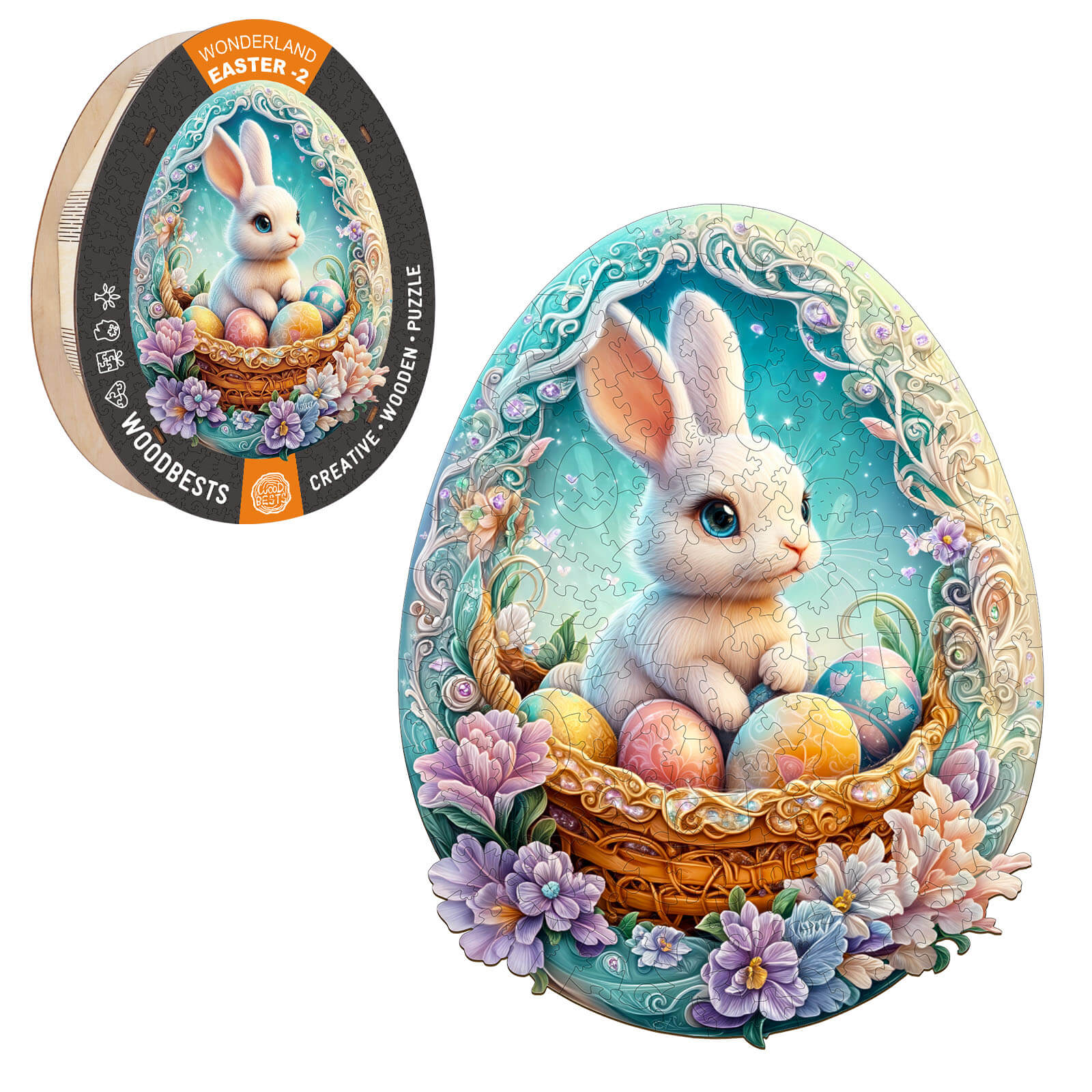 Wonderland Easter-2 wooden jigsaw puzzle featuring a cute bunny in a basket with colorful eggs and flowers.
