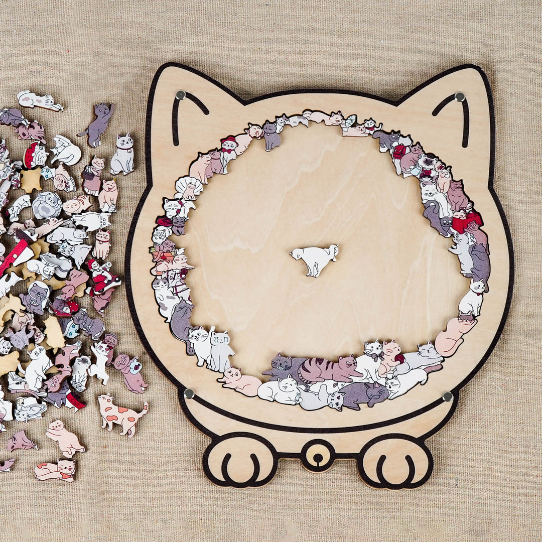 Morandi-Colored Cozy Cat Shaped Wooden Jigsaw Puzzle