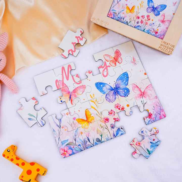 Butterfly in the flowers - Children's Name Custom Wooden Jigsaw Puzzle