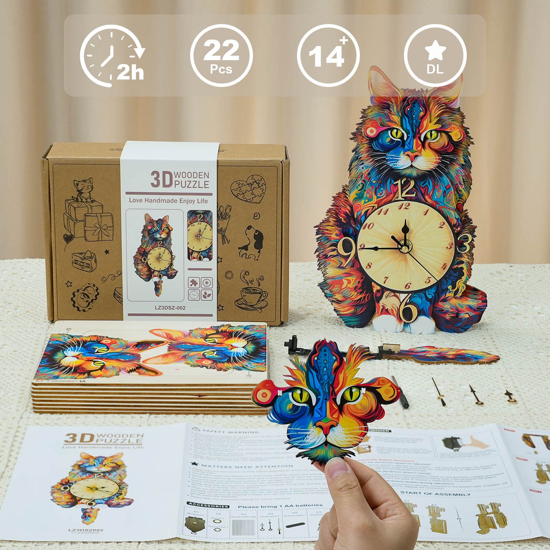 Maine Coon – Horloge en bois à faire soi-même, kit de puzzle 3D
