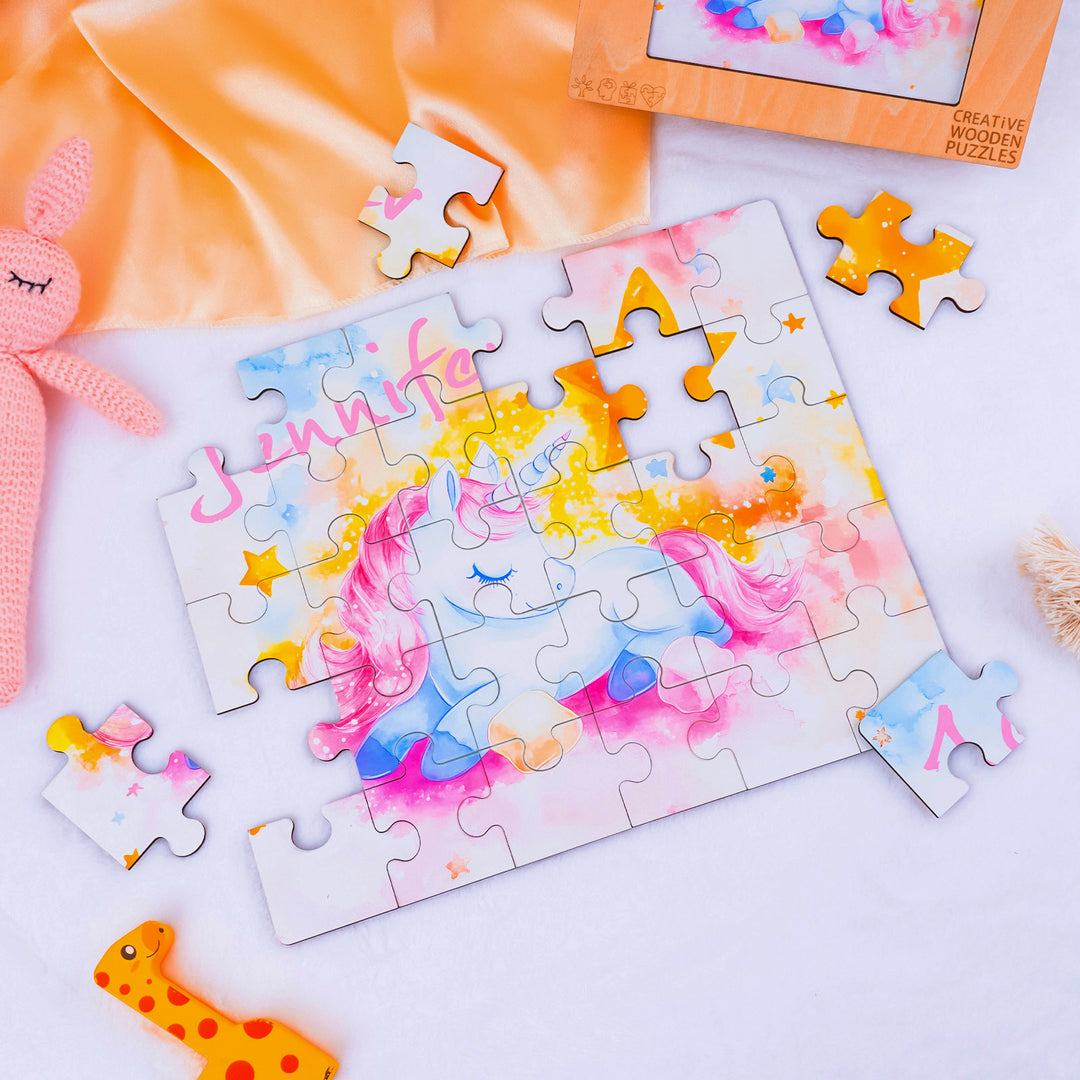 Sleeping Unicorn - Children's Name Custom Wooden Jigsaw Puzzle